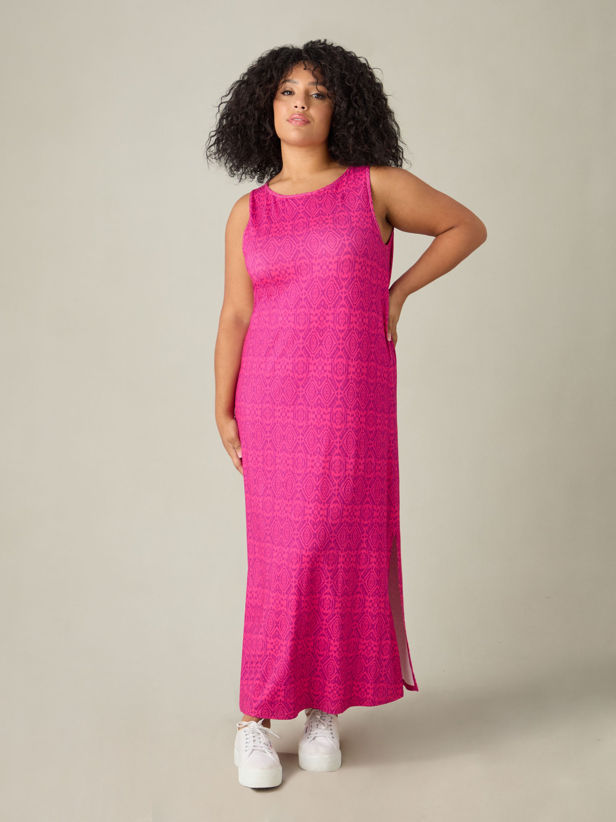 Pink Geo Jersey Sleeveless Maxi Dress