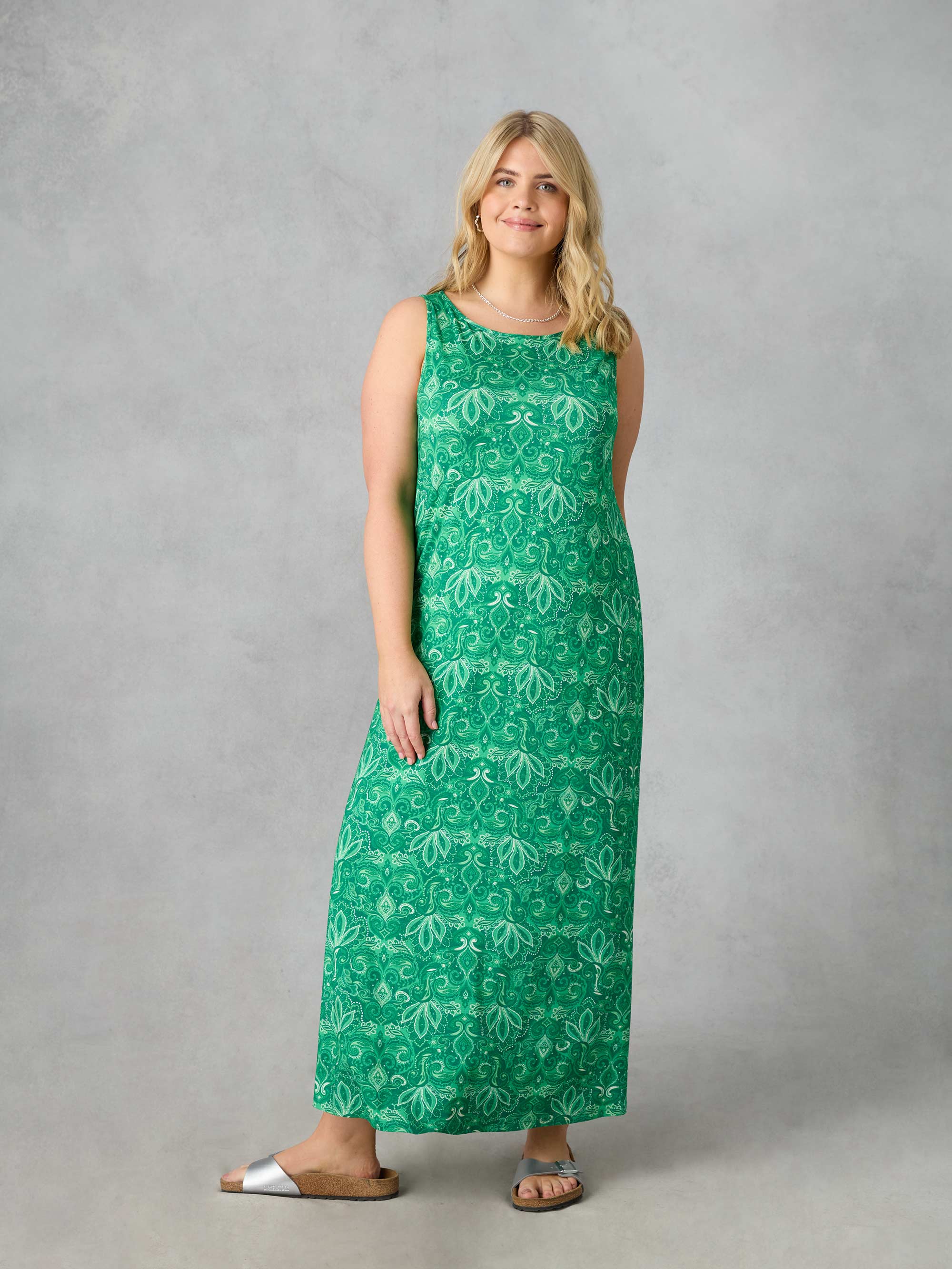 Green Paisley Jersey Sleeveless Maxi Dress