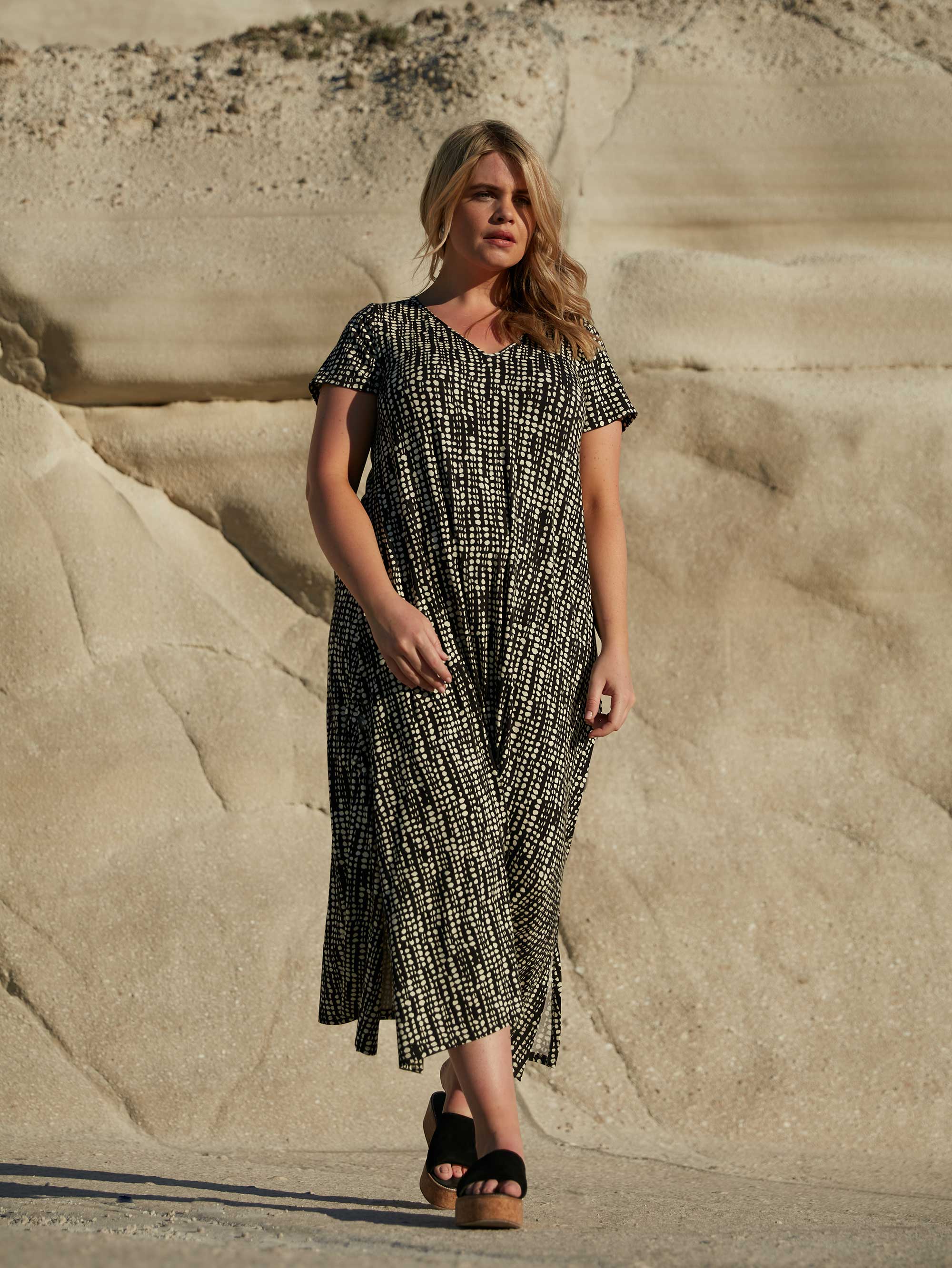 Mono Spot Print Jersey V-Neck Midaxi Dress