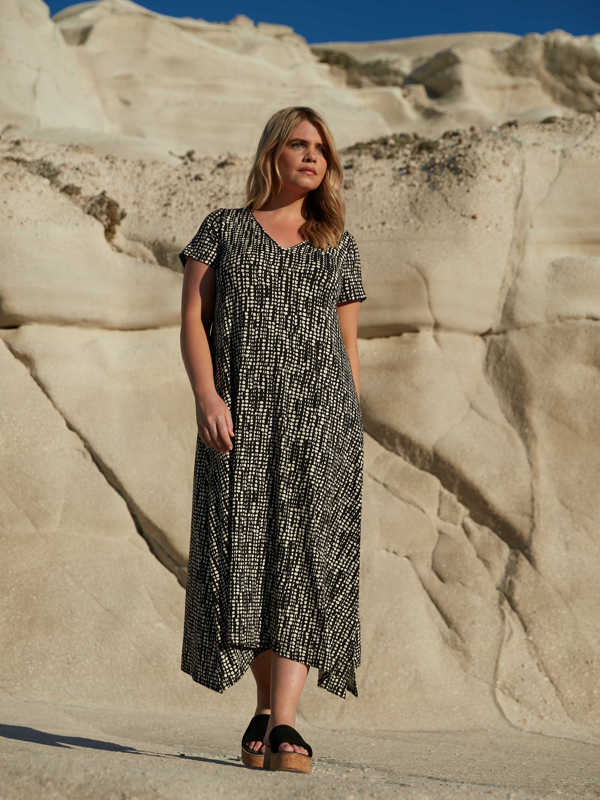 Mono Spot Print Jersey V-Neck Midaxi Dress