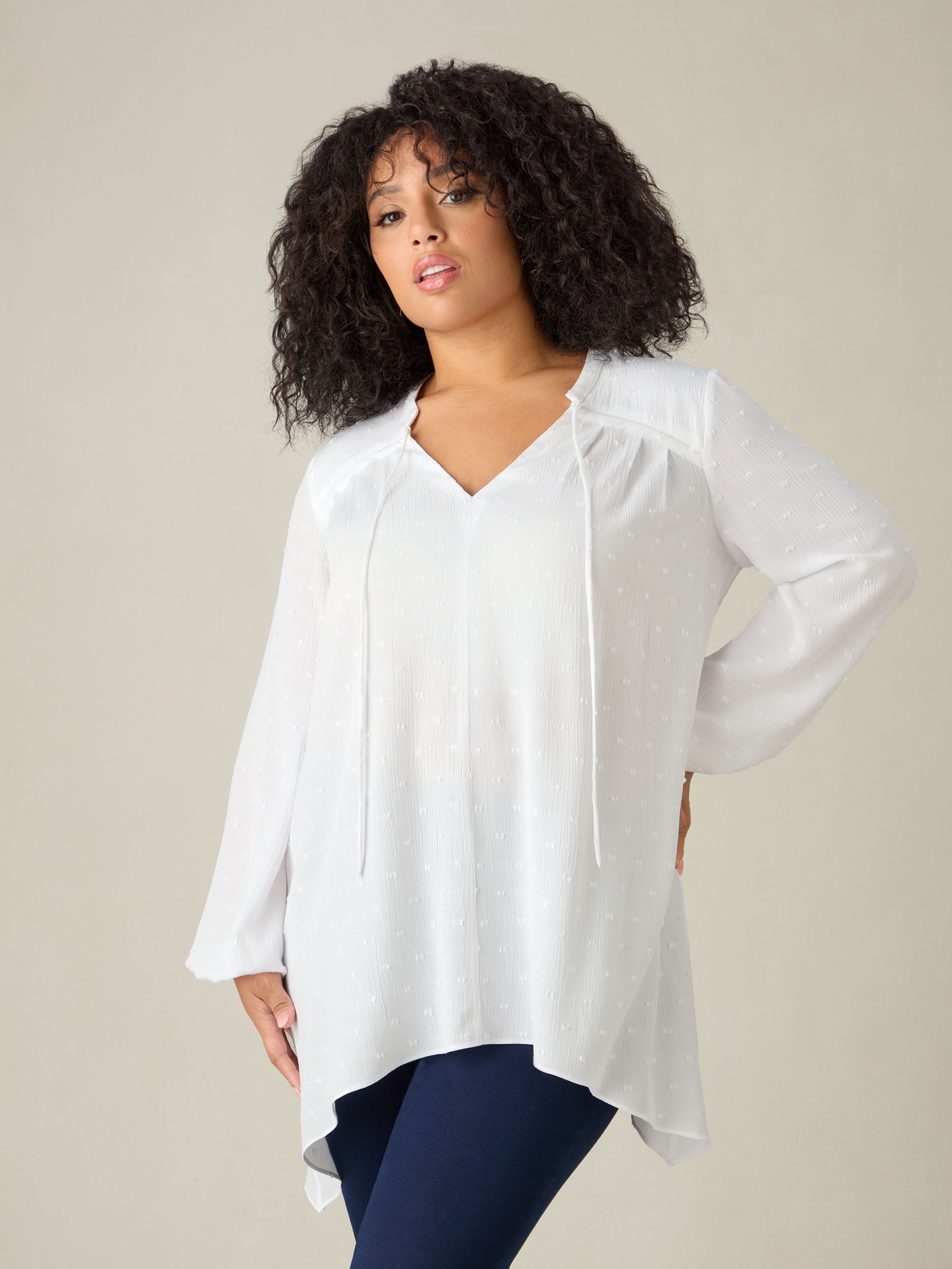 Ivory Textured Hanky Hem Blouse