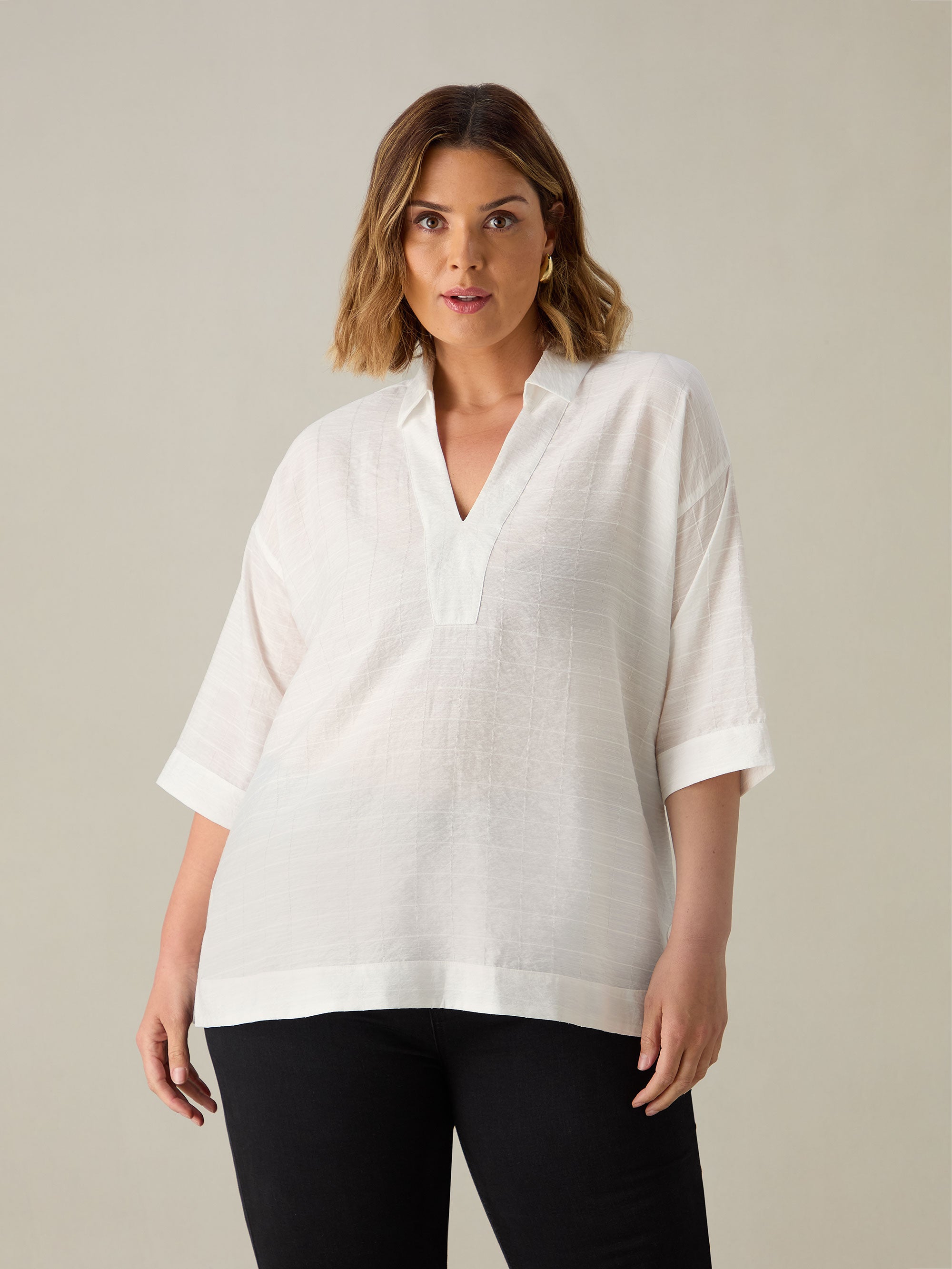 Ivory Textured V-Neck Blouse