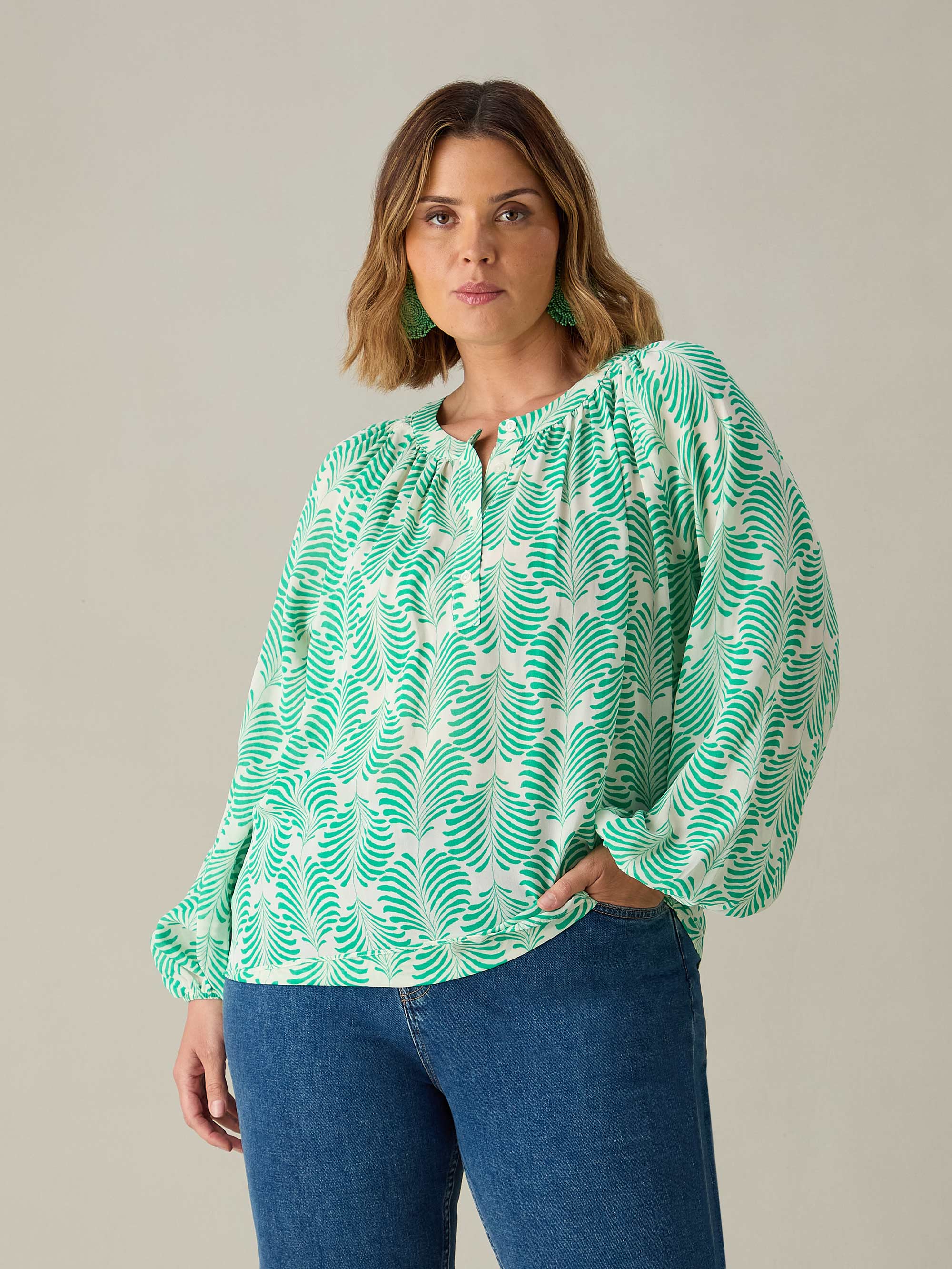 Green Feather Print Blouse