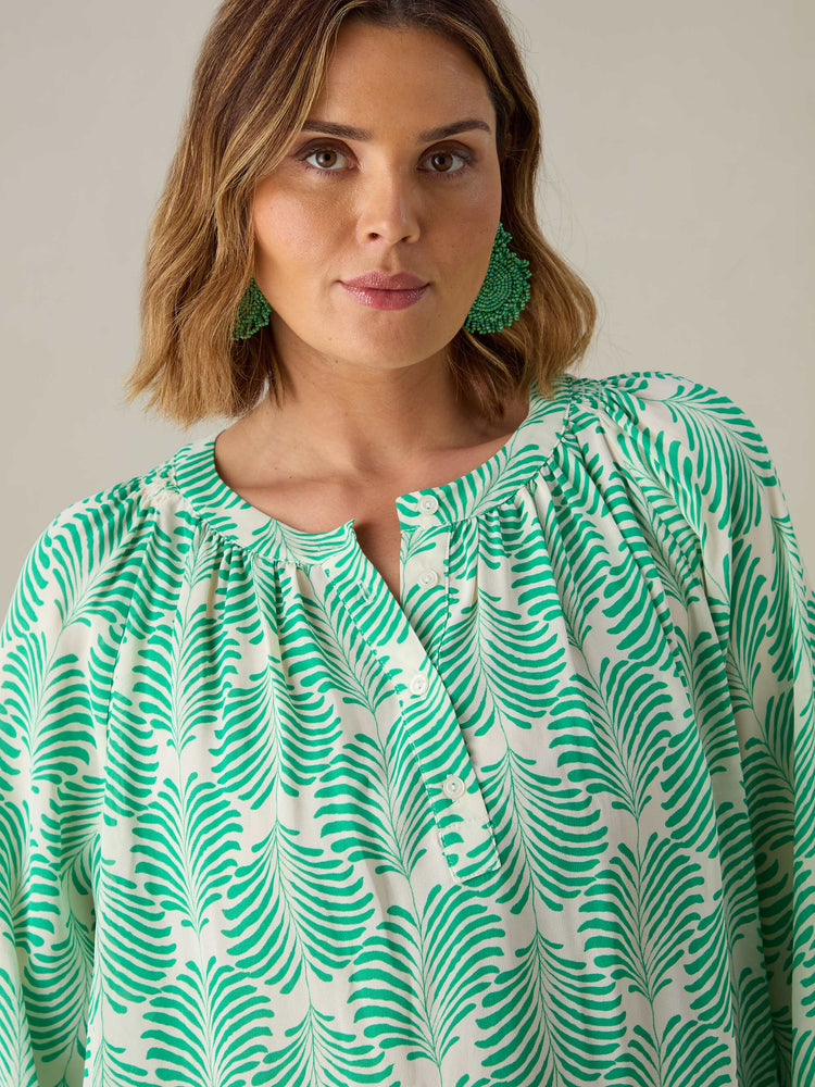 Green Feather Print Blouse