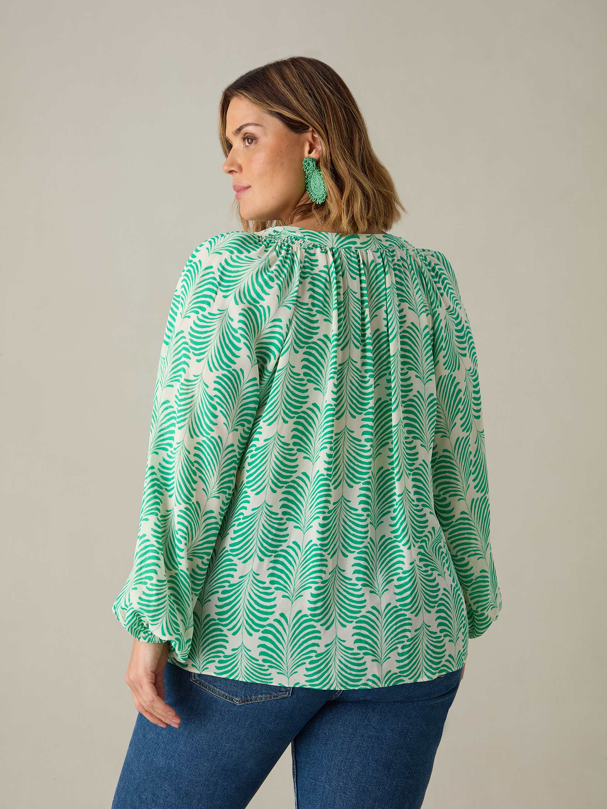 Green Feather Print Blouse