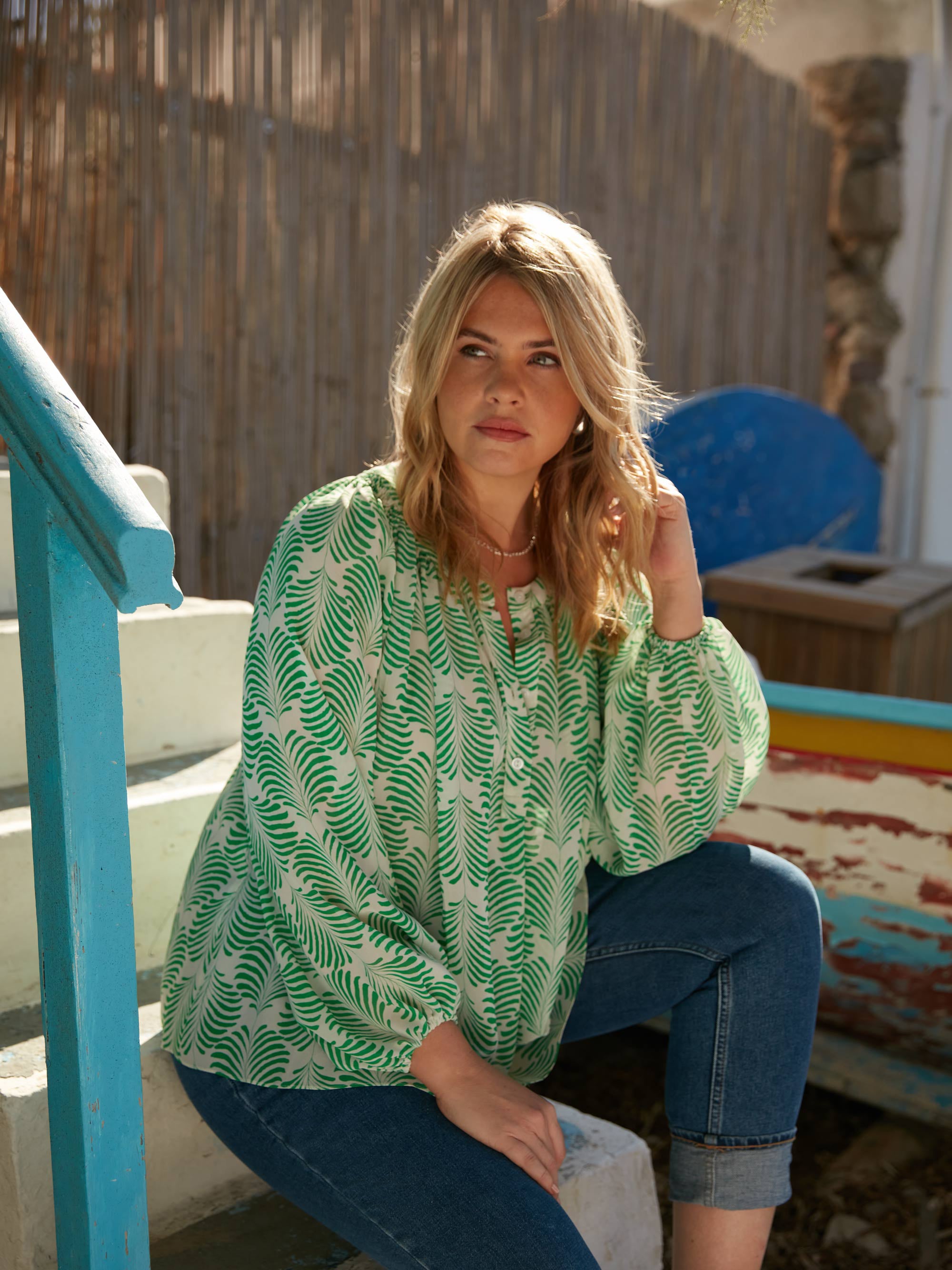 Green Feather Print Blouse