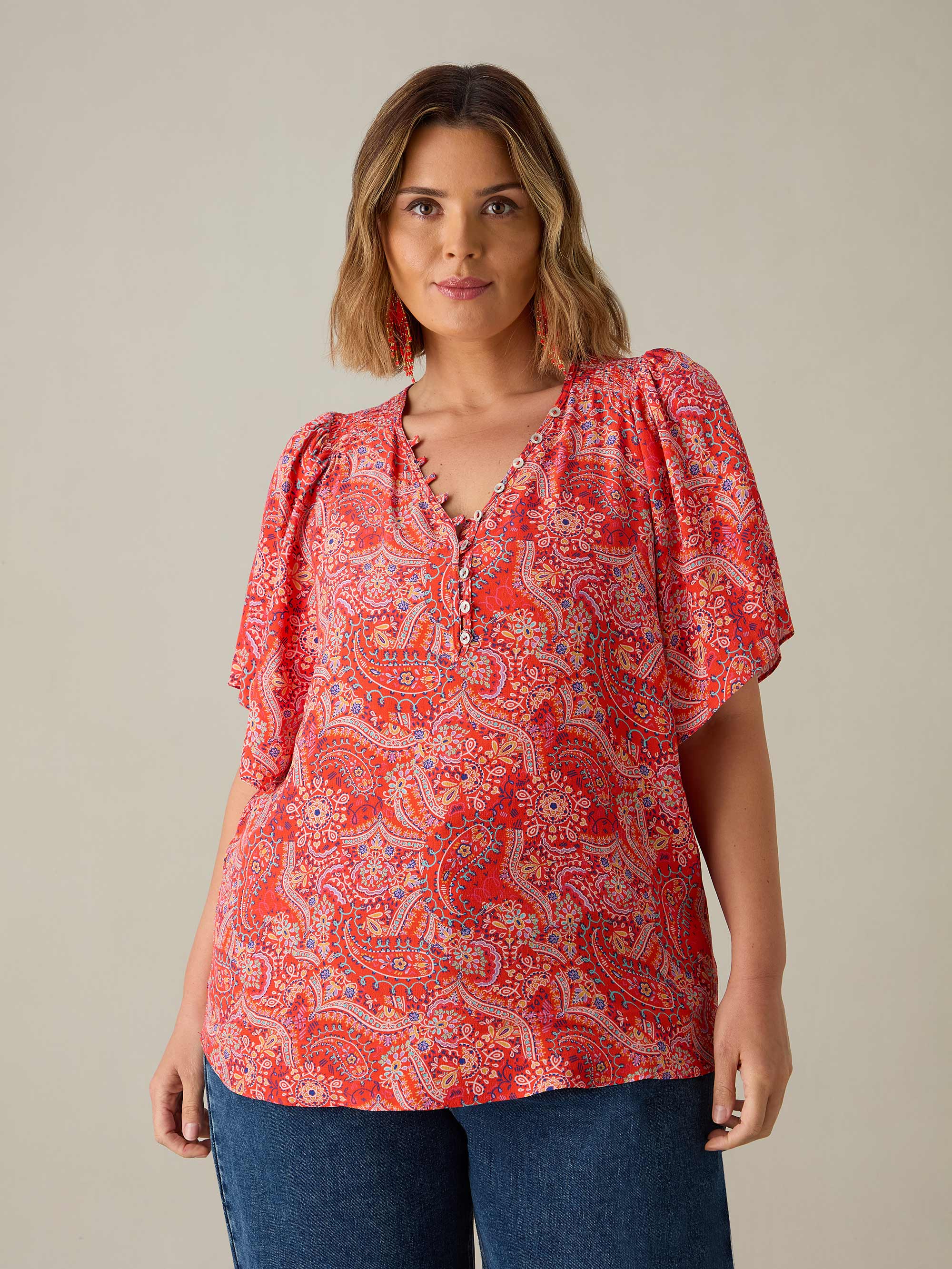 Red Paisley Print Shirred Shoulder Blouse