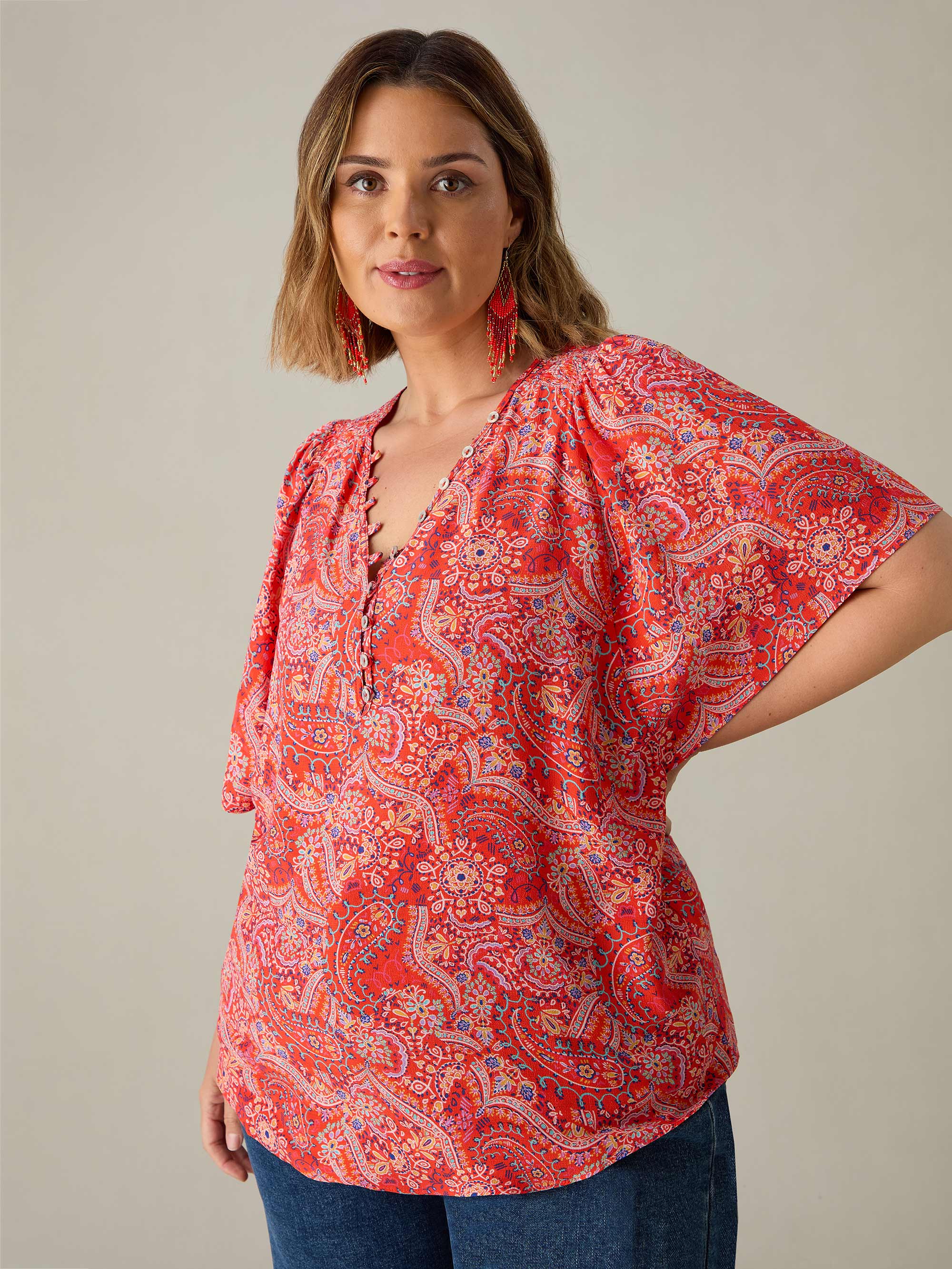 Red Paisley Print Shirred Shoulder Blouse