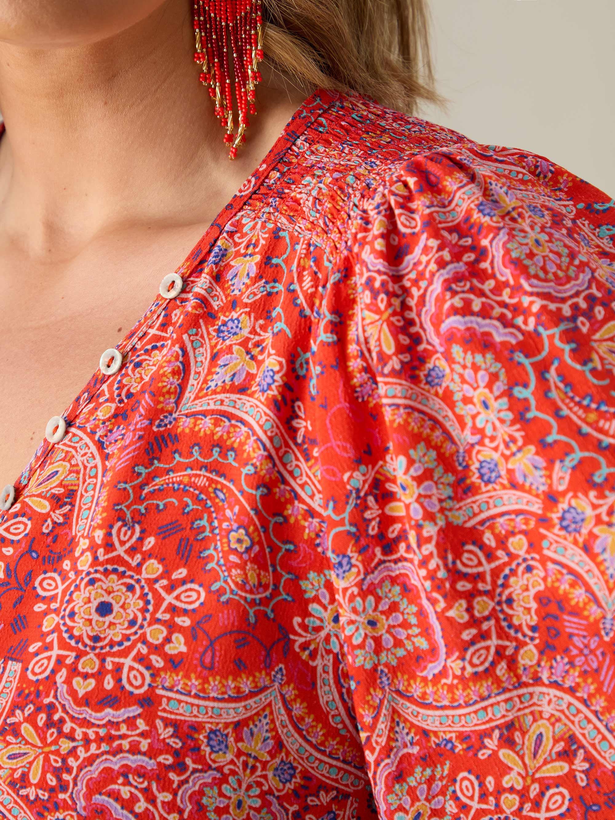 Red Paisley Print Shirred Shoulder Blouse