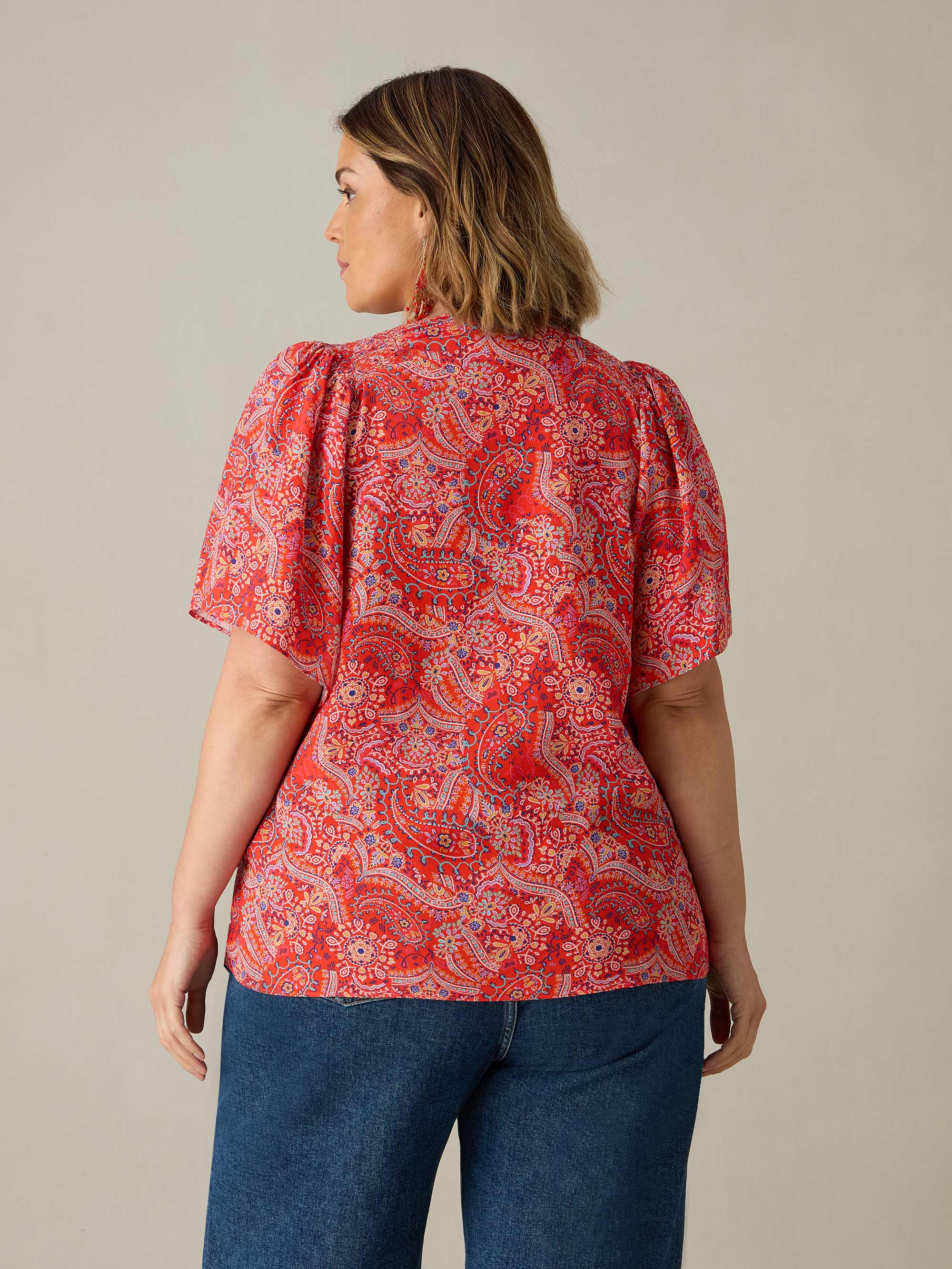 Red Paisley Print Shirred Shoulder Blouse