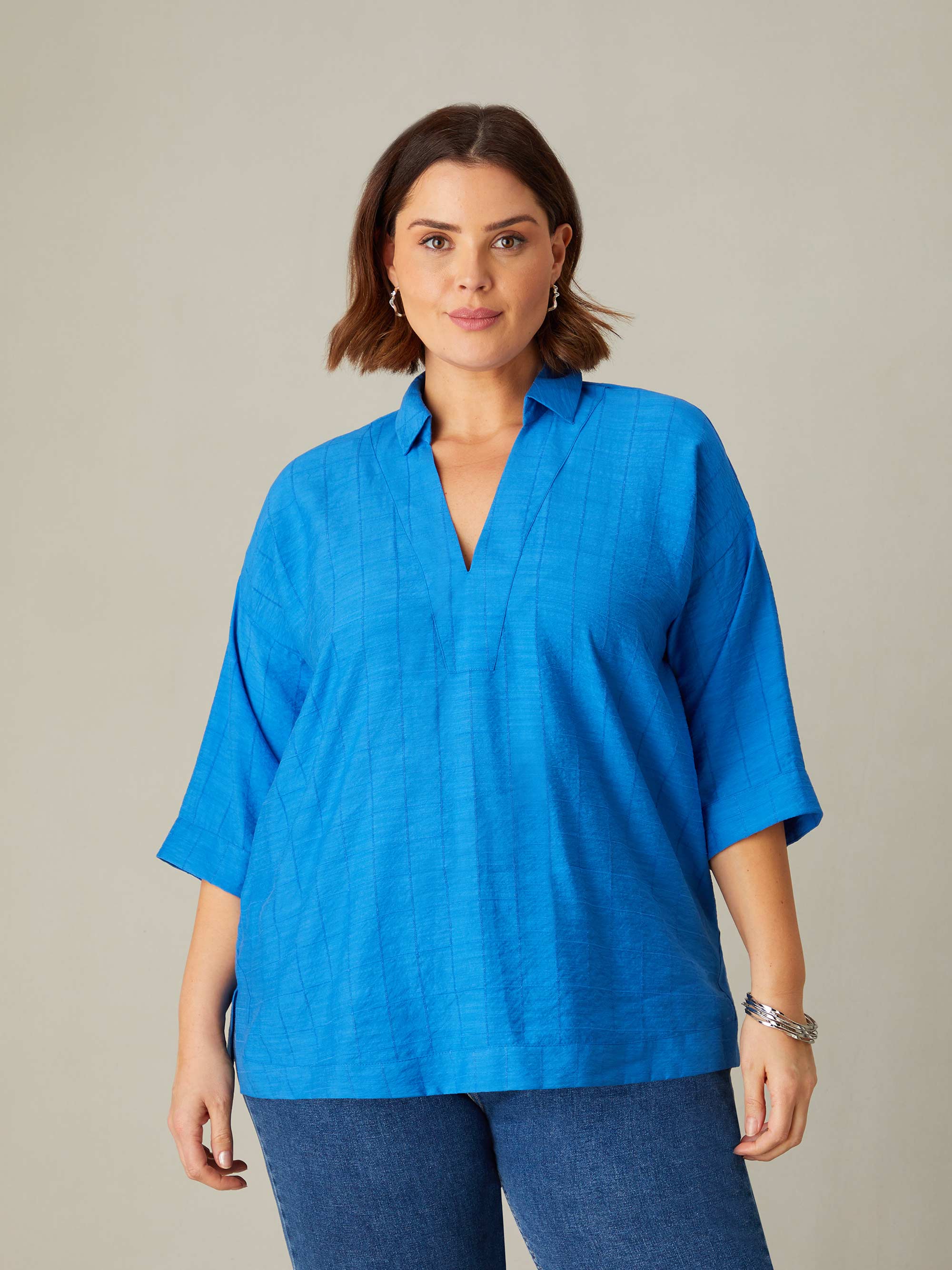 Blue Textured V-Neck Blouse