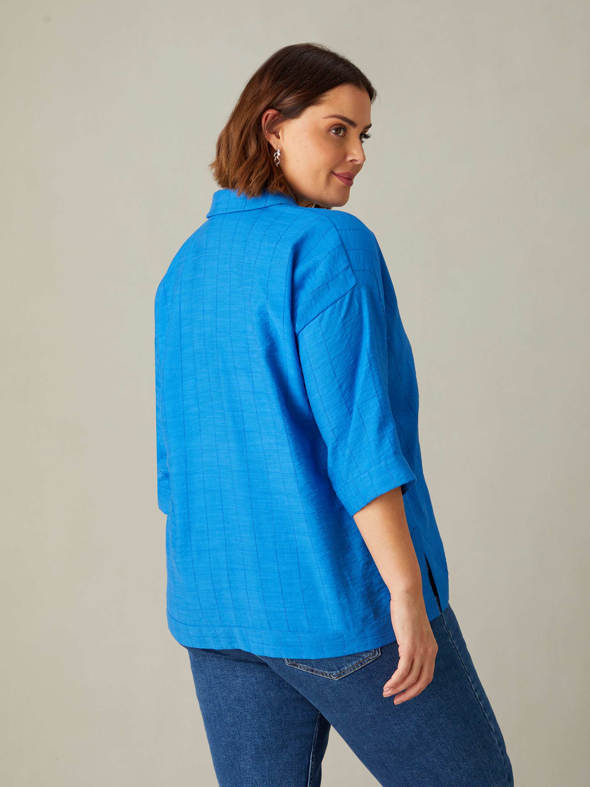 Blue Textured V-Neck Blouse