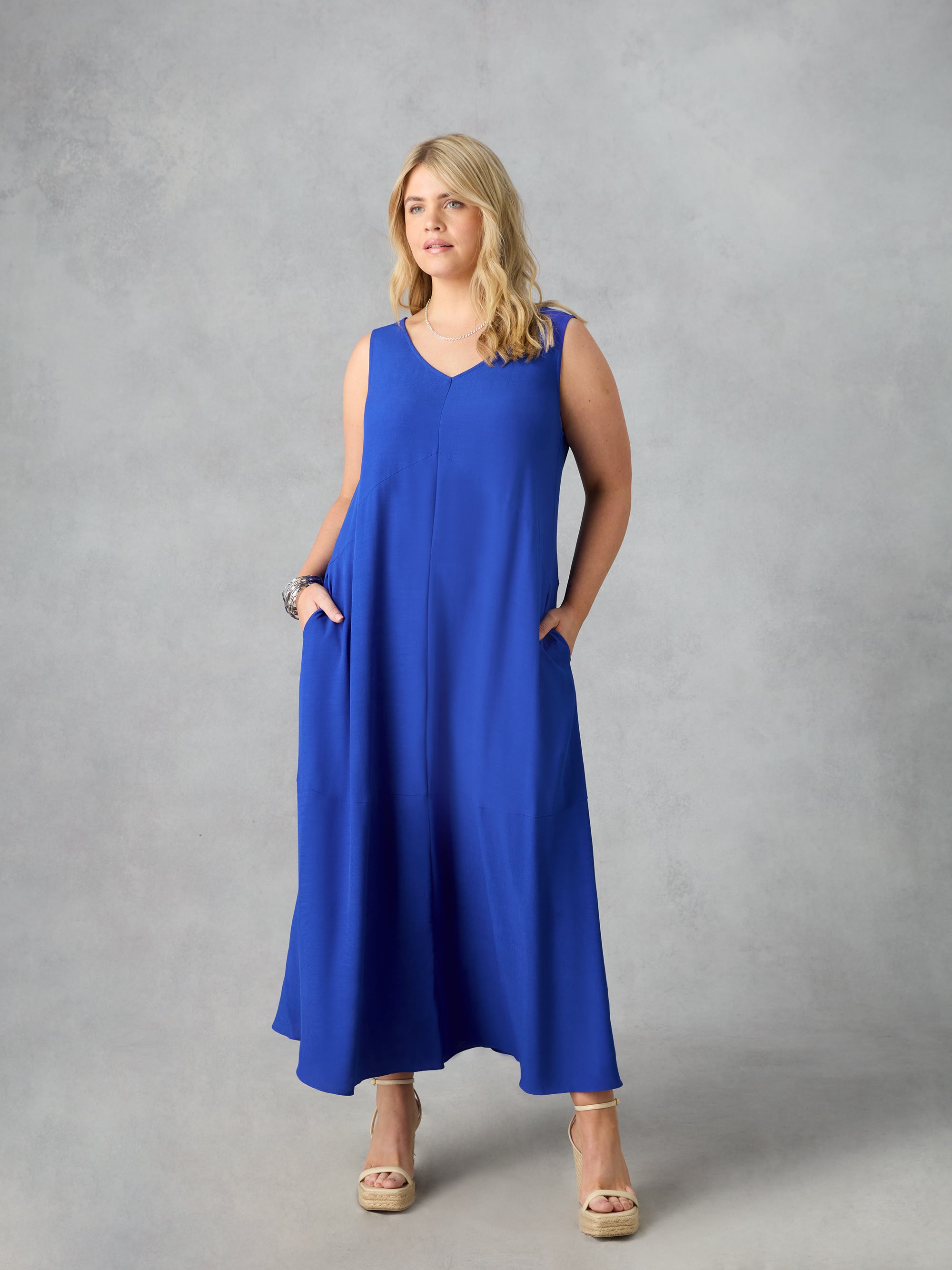 Blue V-Neck Maxi Swing Dress