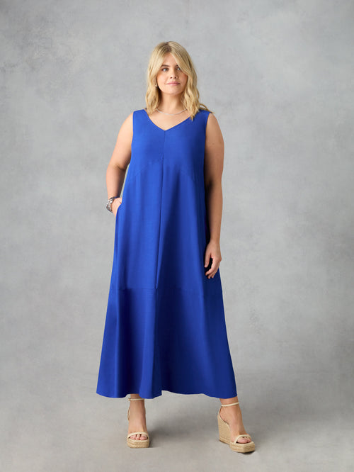 Blue V-Neck Maxi Swing Dress