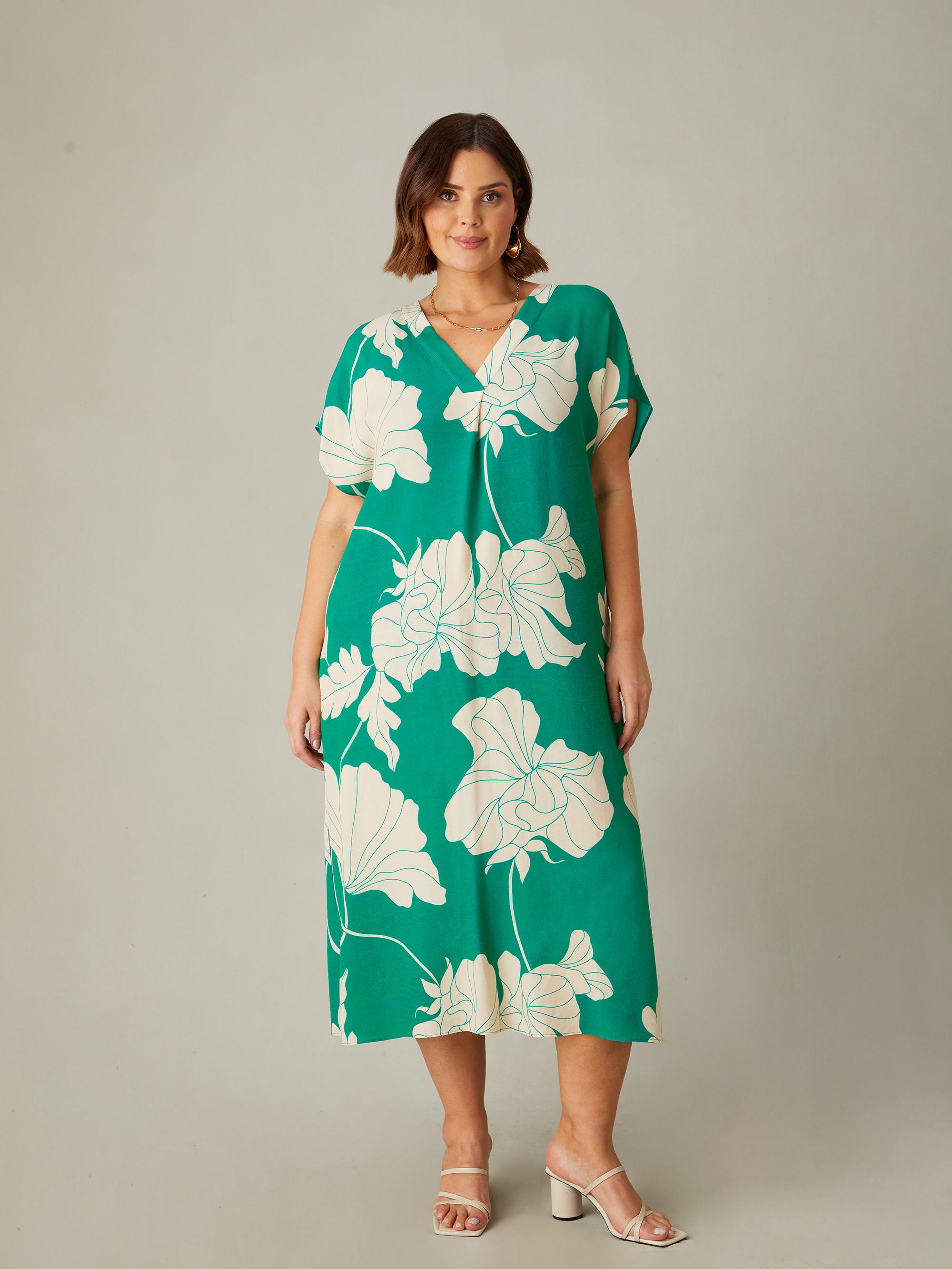 Green Floral Pleat Front Midi Dress