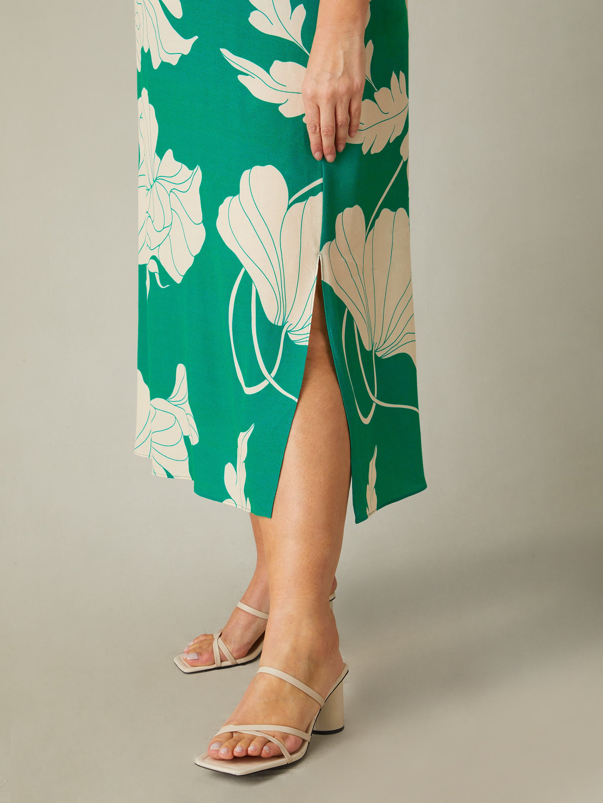 Green Floral Pleat Front Midi Dress