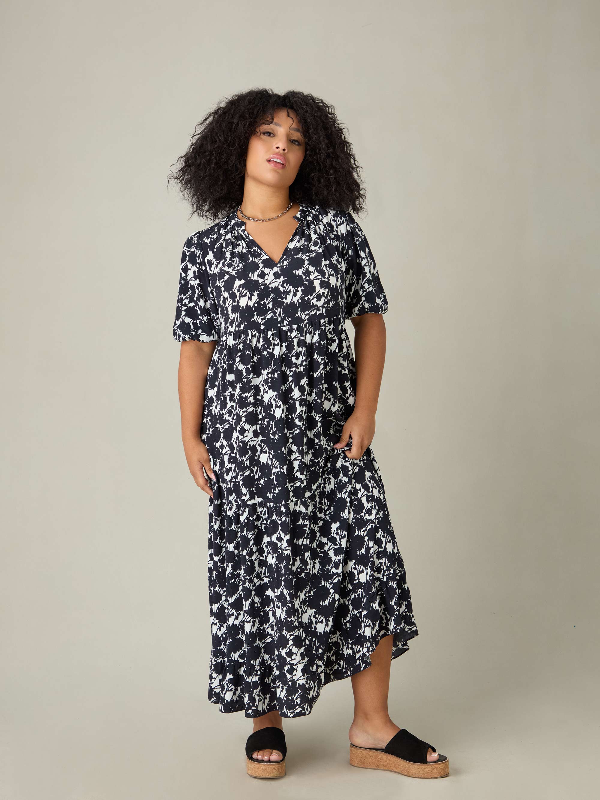 Mono Floral Puff Sleeve Tiered Maxi Dress