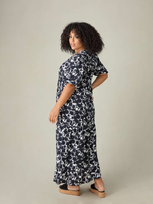 Mono Floral Puff Sleeve Tiered Maxi Dress