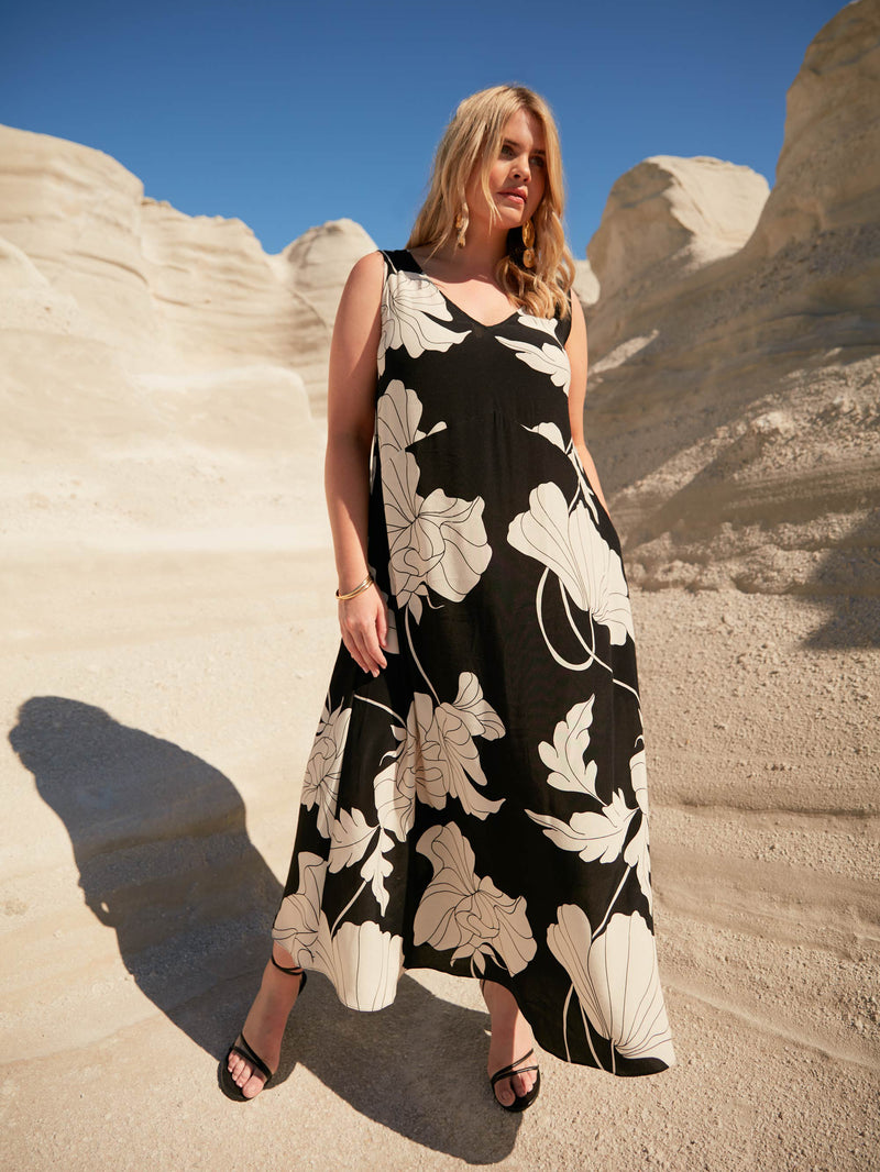 Mono Floral V-Neck Maxi Swing Dress