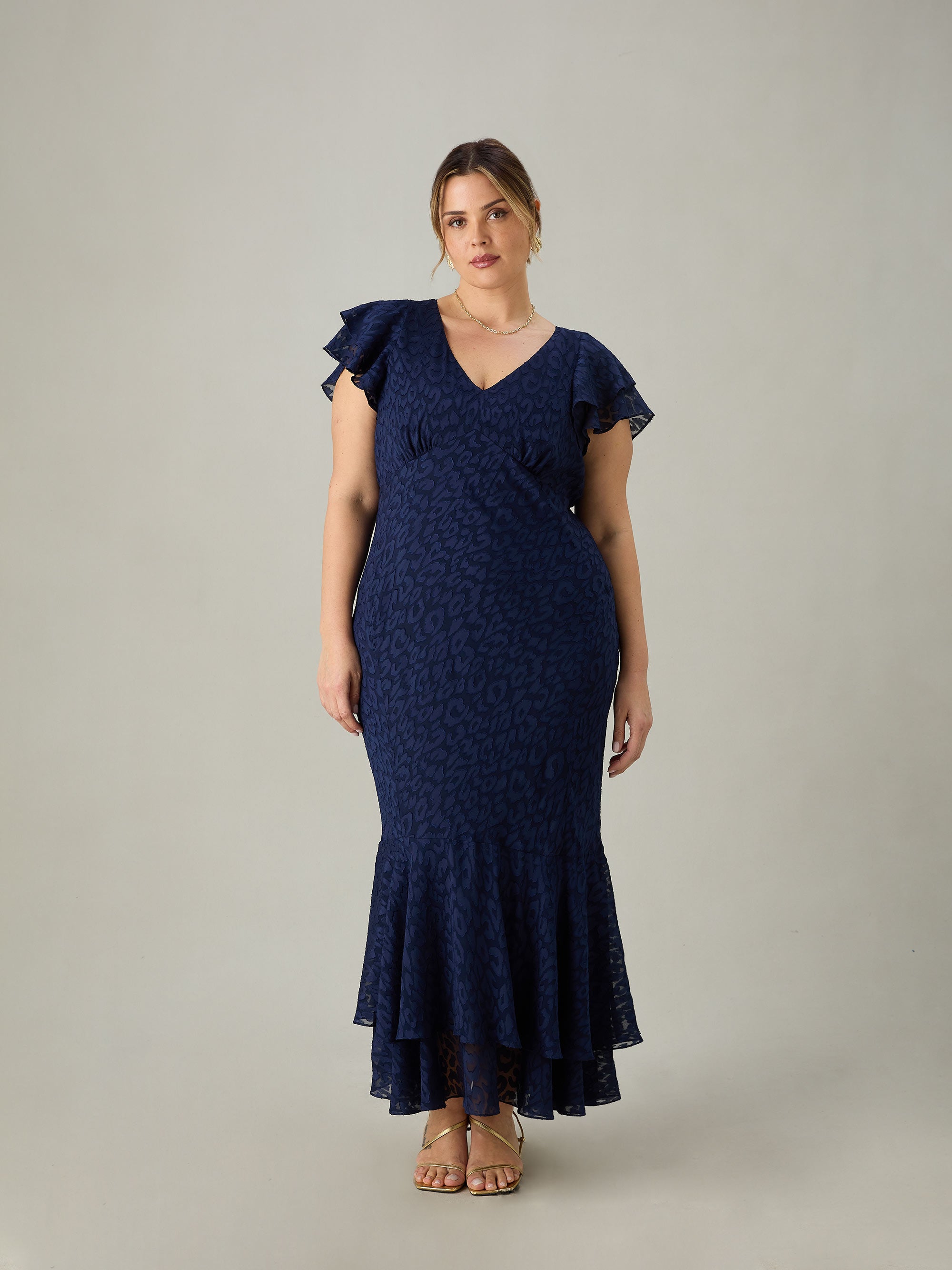 Navy Animal Burnout Ruffle Shoulder Maxi Dress