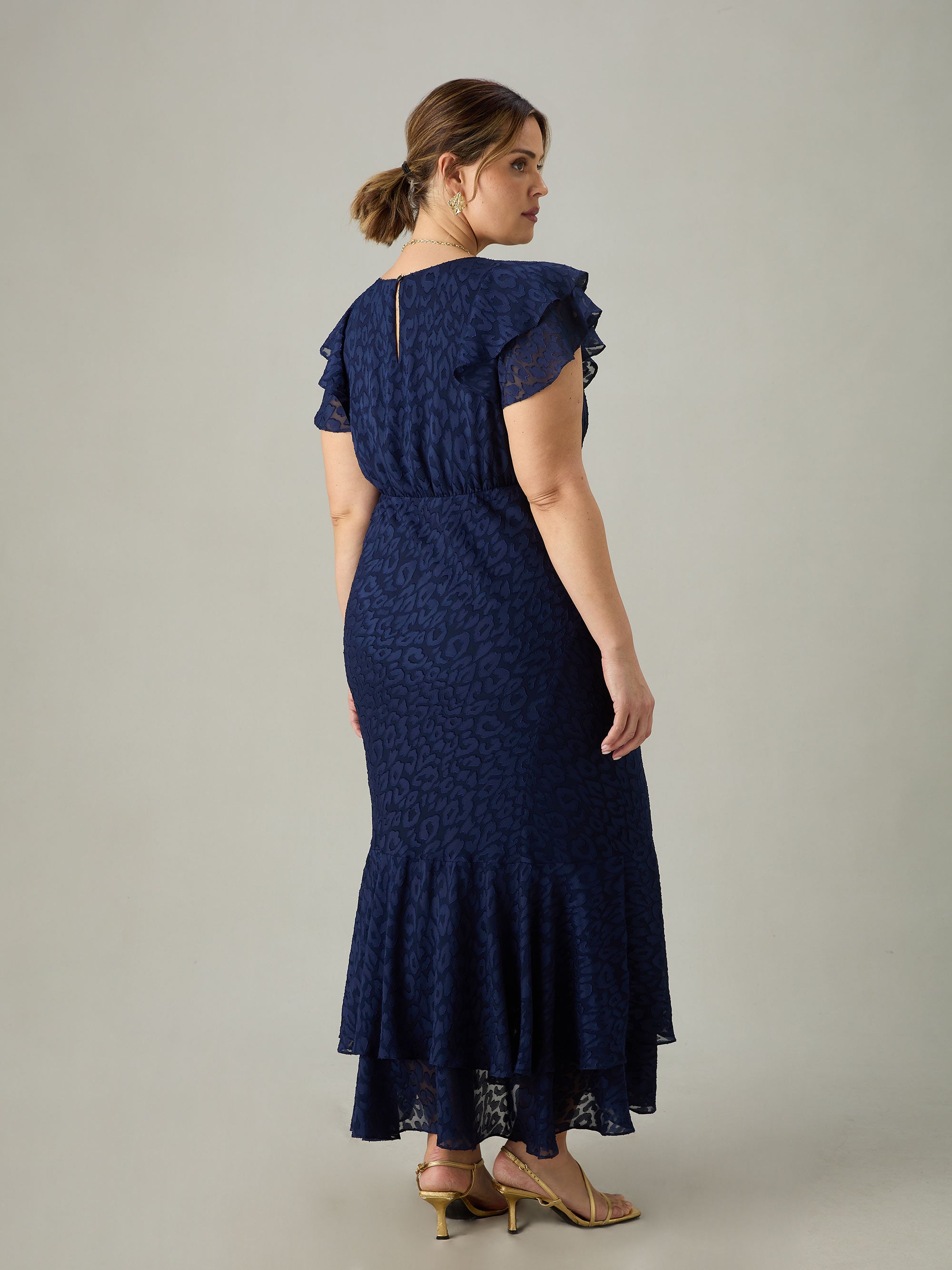 Navy Animal Burnout Ruffle Shoulder Maxi Dress