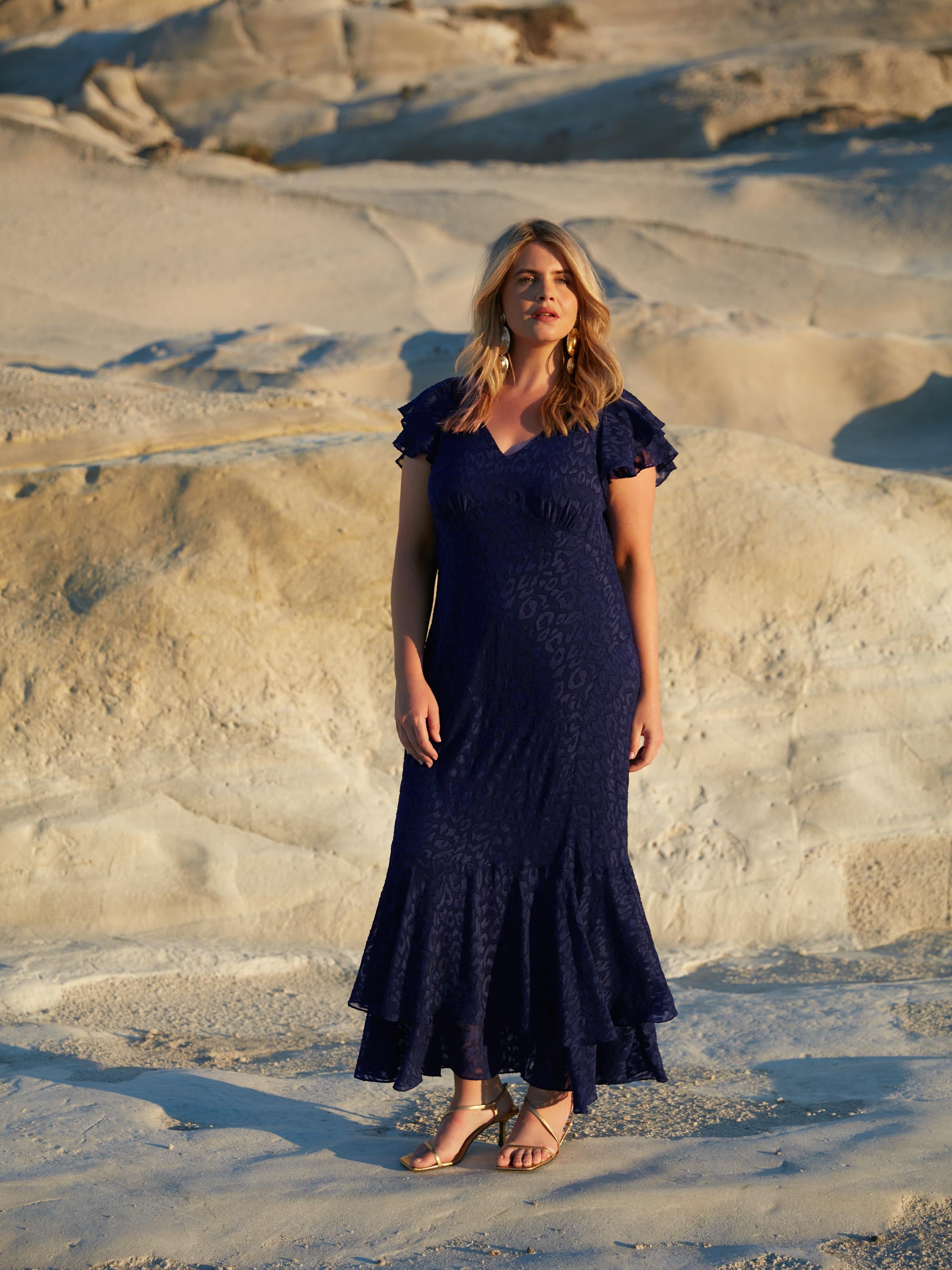 Navy Animal Burnout Ruffle Shoulder Maxi Dress