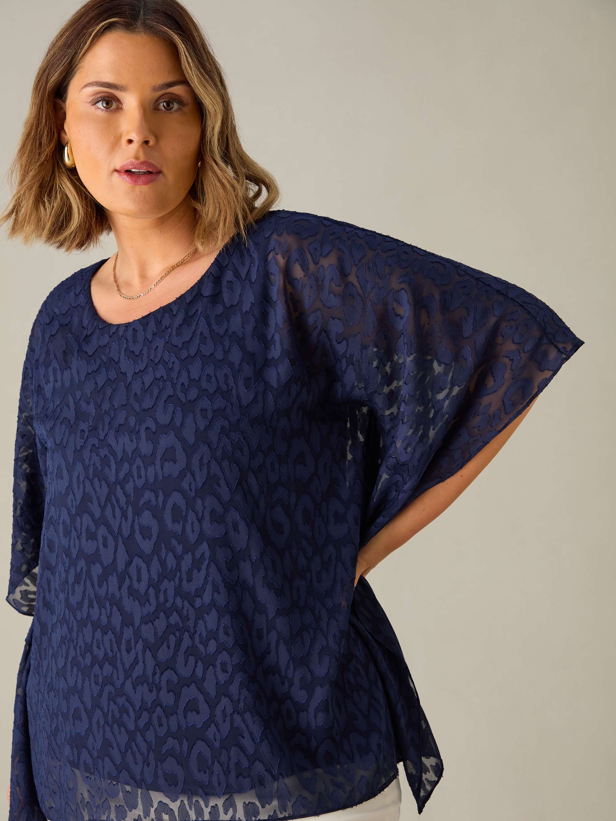 Navy Animal Burnout Overlay Hanky Hem Top