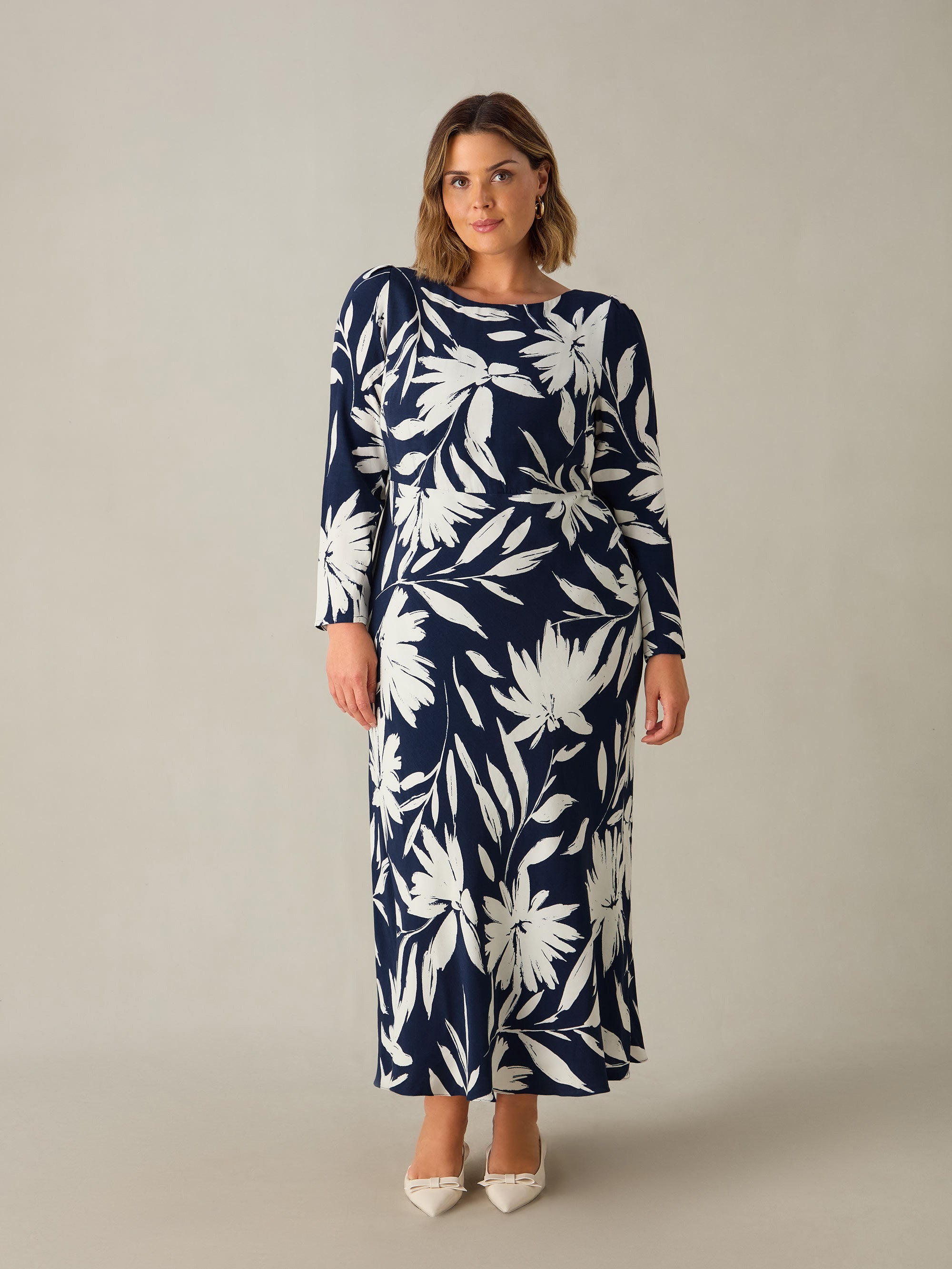 Navy Floral Scoop Back Bias Maxi Dress