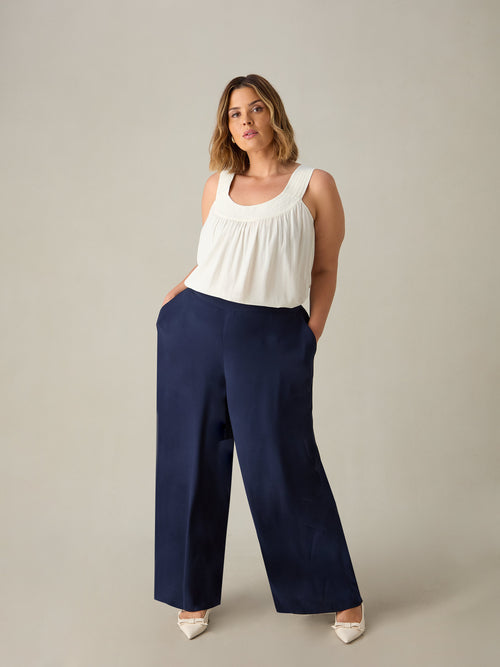Navy Satin Back Crepe Wide Leg Trousers
