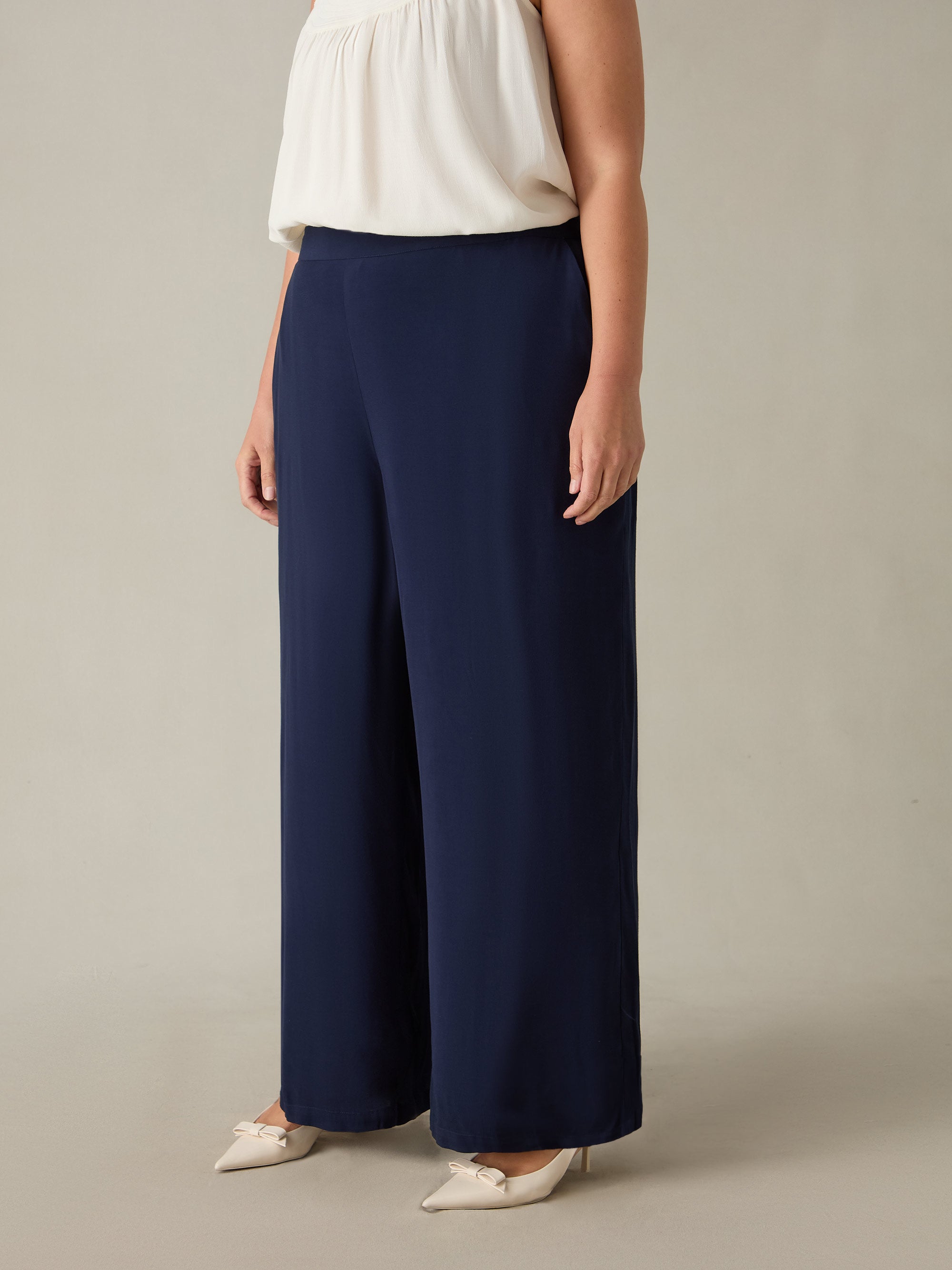 Navy Satin Back Crepe Wide Leg Trousers