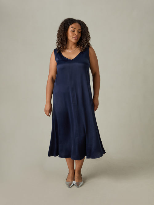 Navy Bias Slip Midi Dress