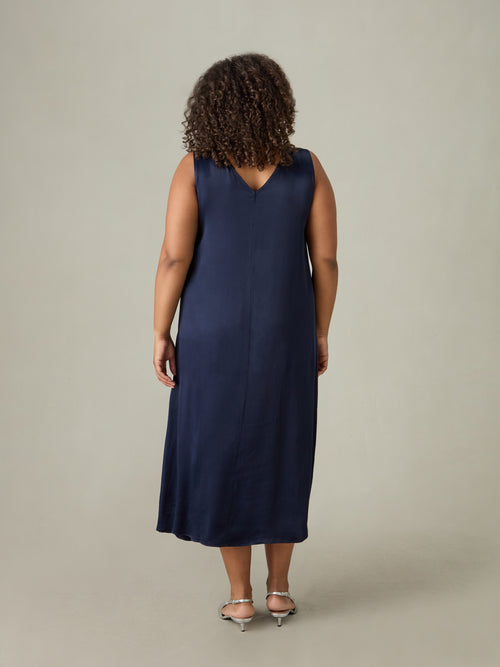 Navy Bias Slip Midi Dress