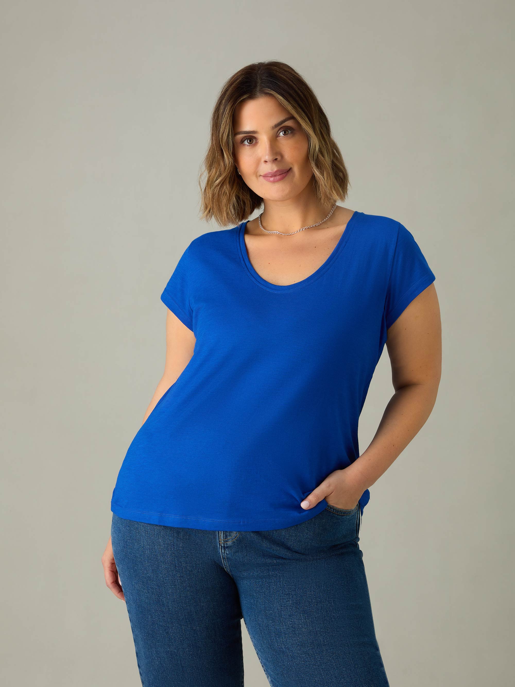 Bright Blue Cotton Slub Scoop Neck T-Shirt