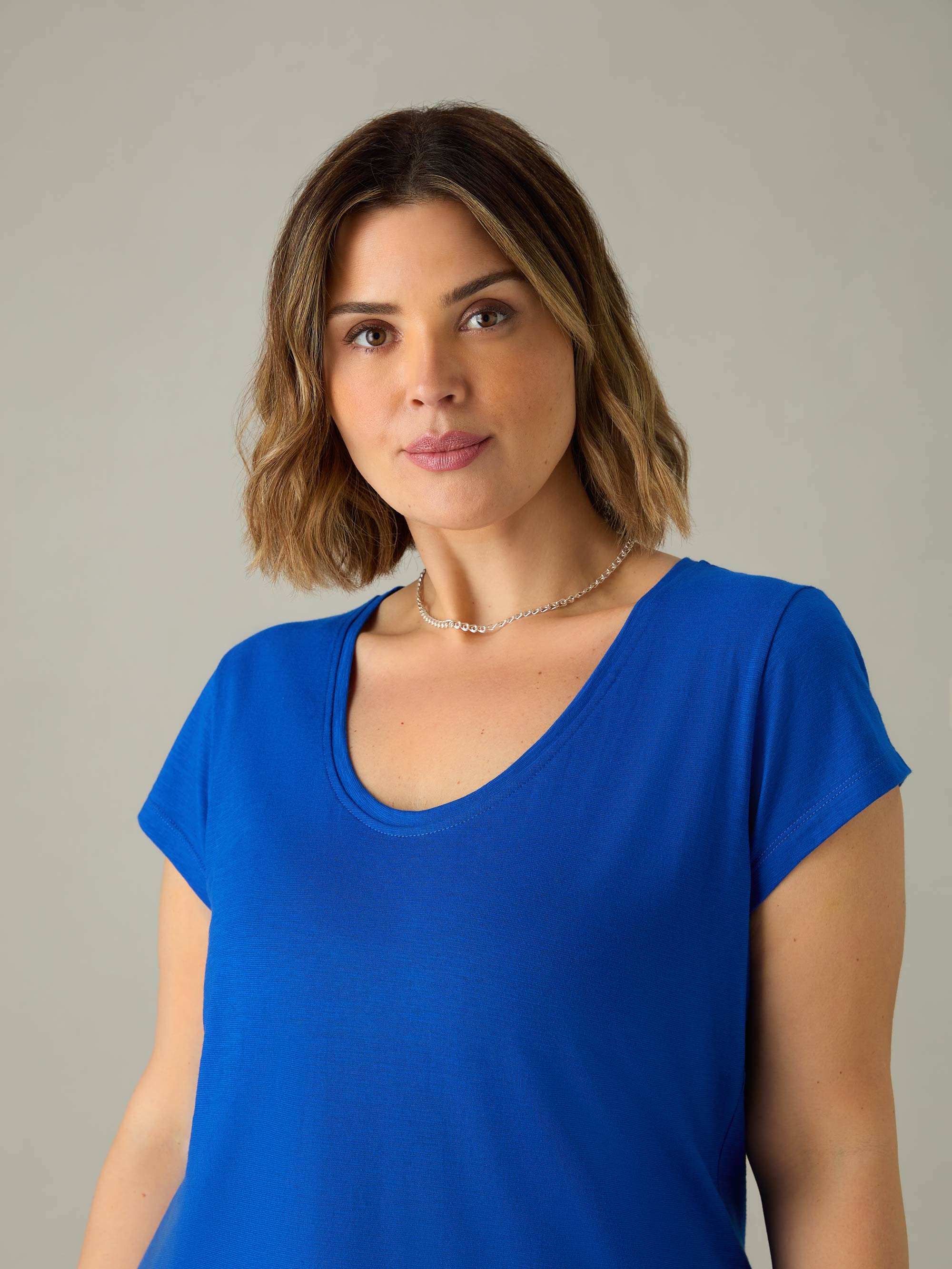 Bright Blue Cotton Slub Scoop Neck T-Shirt