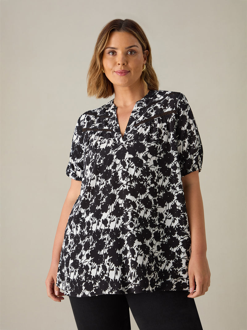 Mono Print Trim Detail Blouse