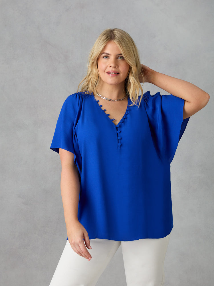 Blue Shirred Shoulder Blouse