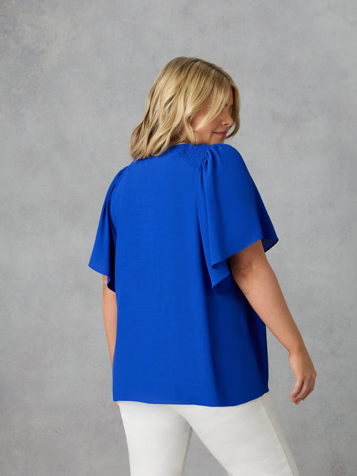 Blue Shirred Shoulder Blouse