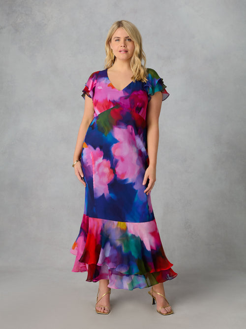 Abstract Floral Ruffle Shoulder Maxi Dress