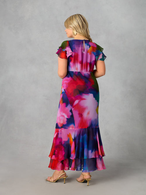 Abstract Floral Ruffle Shoulder Maxi Dress