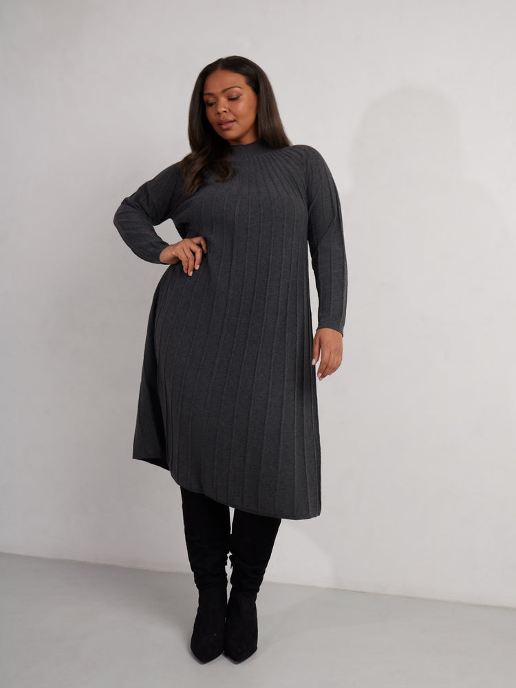 Grey Rib Knitted Midi Dress