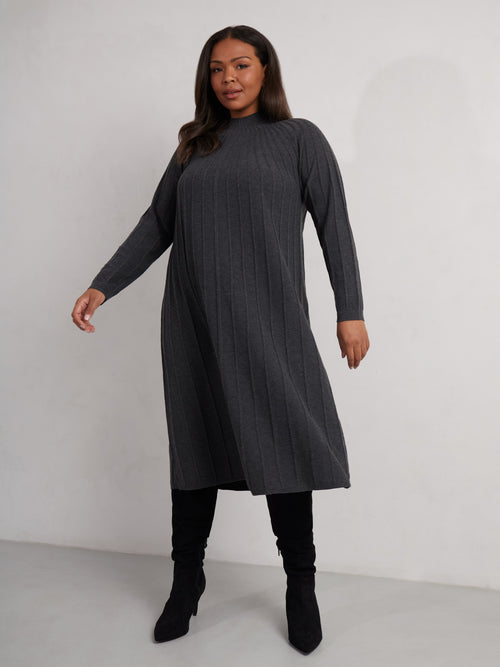 Grey Rib Knitted Midi Dress