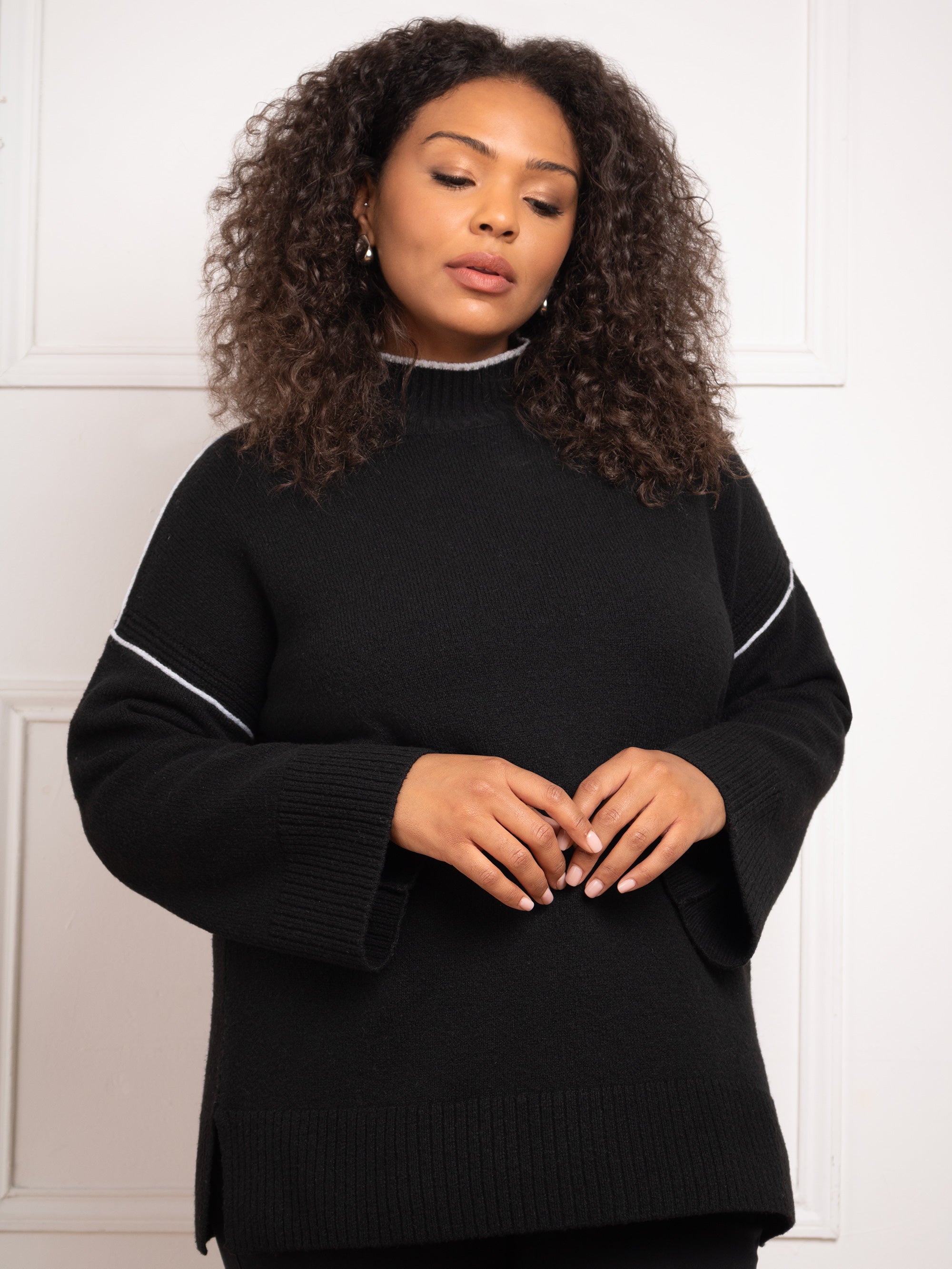 Black Tipped Mock Neck Jumper