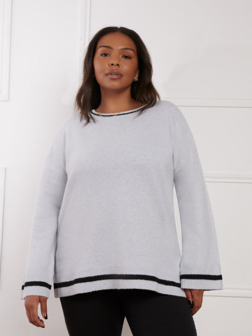 Grey Round Neck Contrast Stripe Jumper