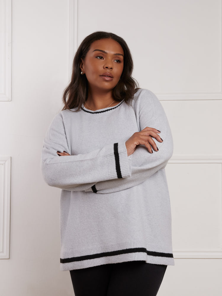 Grey Round Neck Contrast Stripe Jumper