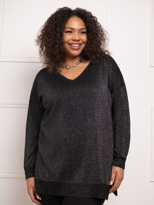 Black Metallic V-Neck Jumper