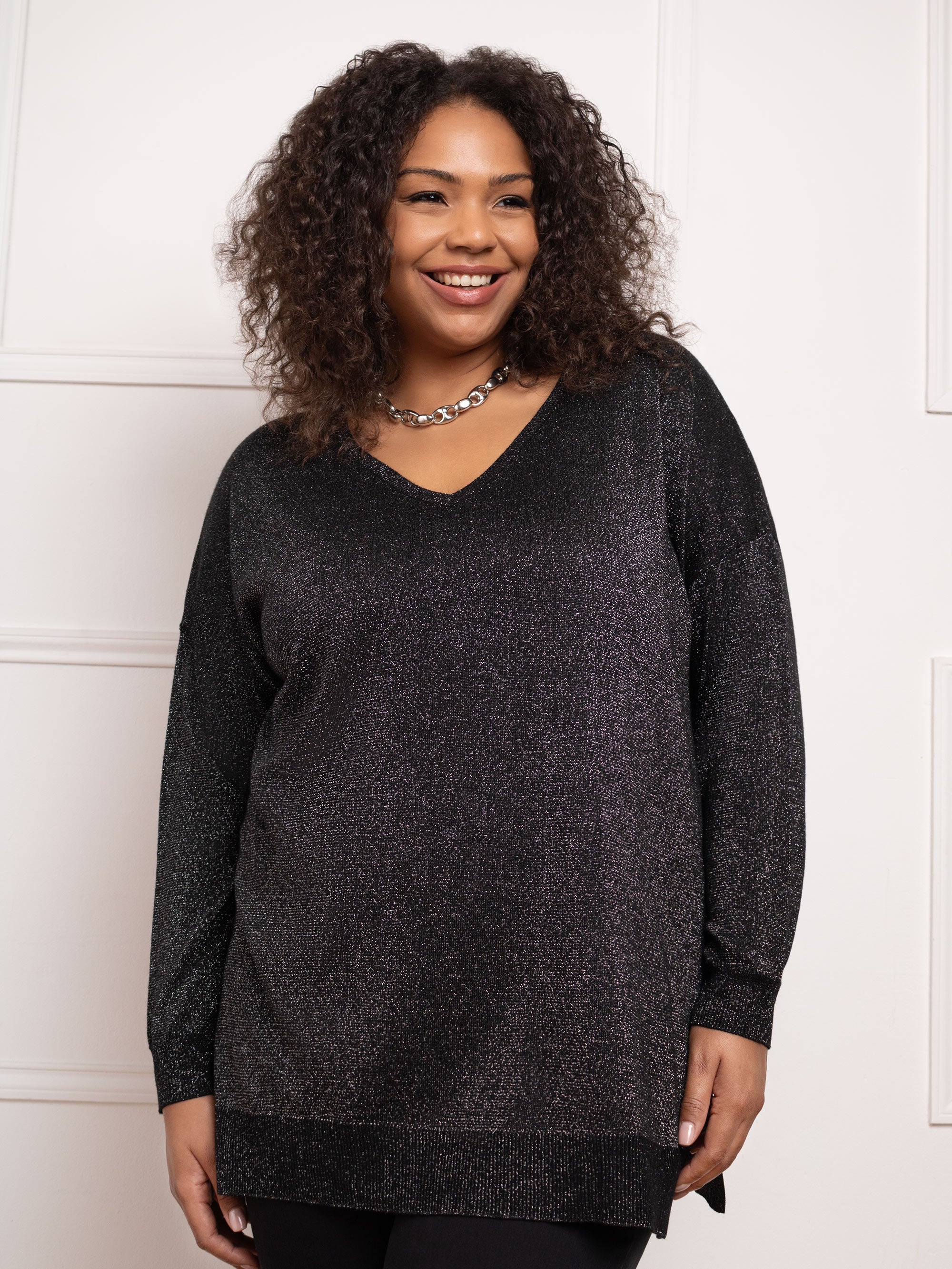 Black Metallic V-Neck Jumper