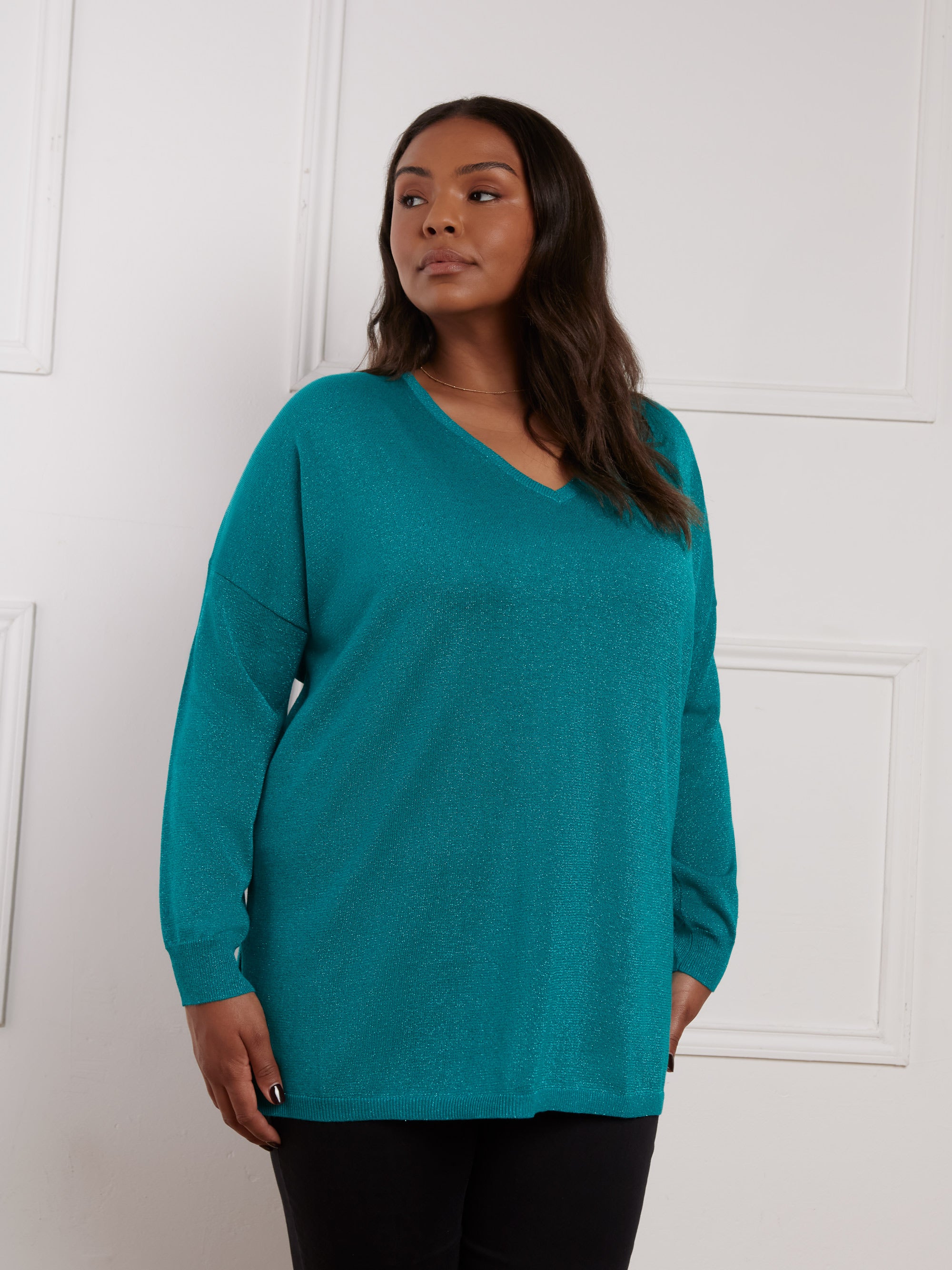 Green Metallic V-Neck Jumper