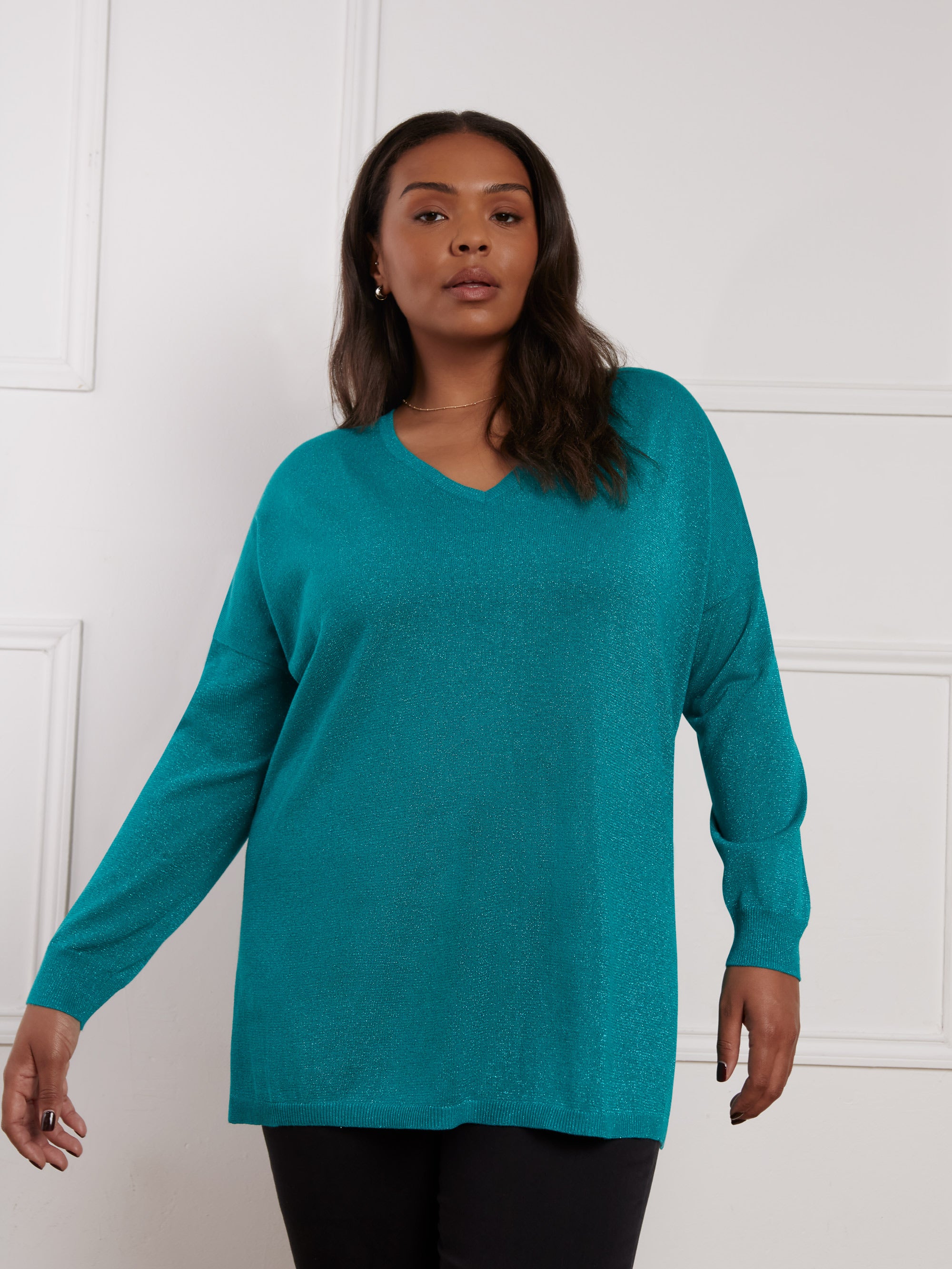 Green Metallic V-Neck Jumper