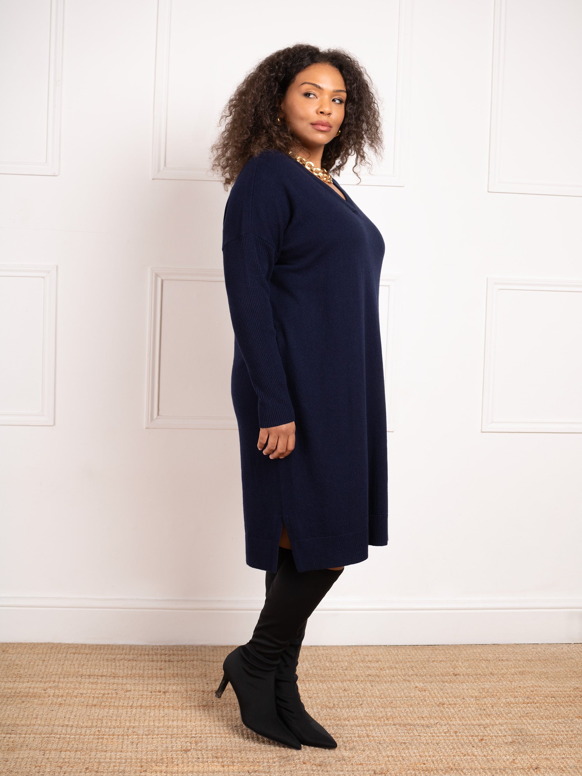 Navy V Neck Jumper Dress