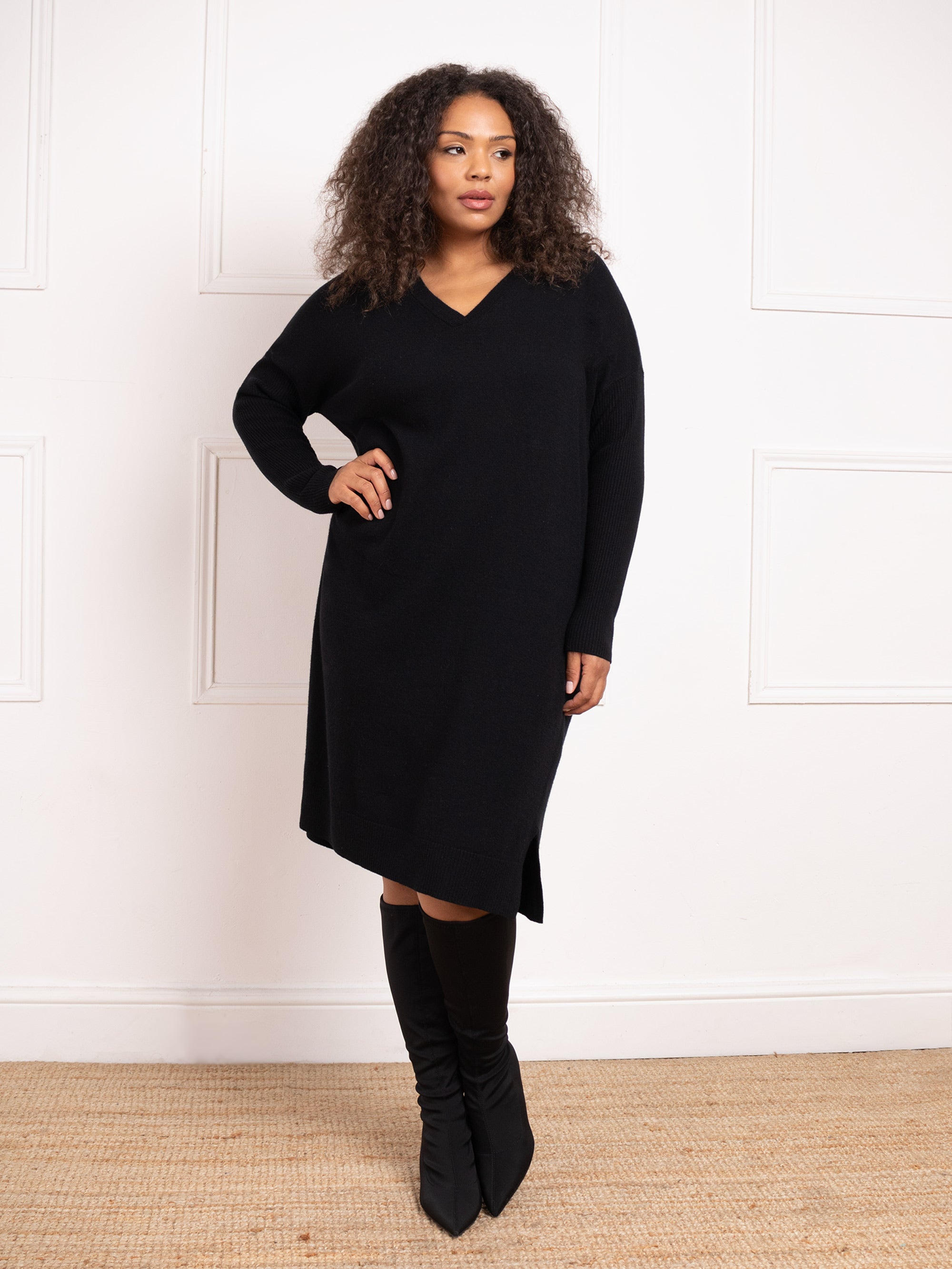 Black V Neck Jumper Dress